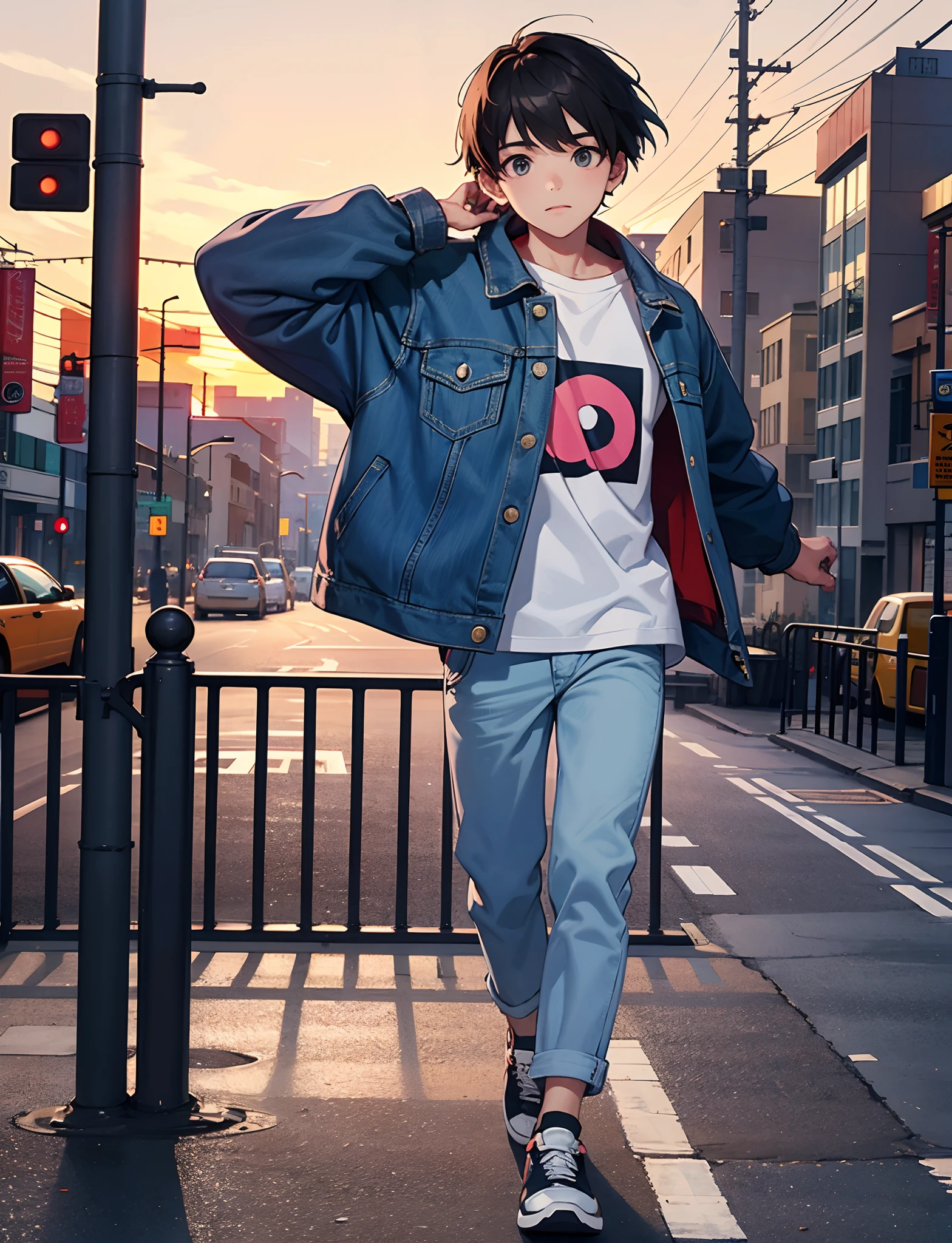 A young boy with,Wear a denim jacket,Wear sneakers,Walk the streets of the city,Pedestrians shuttling,Sunset and sunset,Full body photo,Ultra-high definition