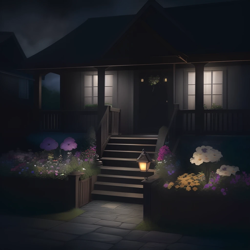 garden, fence, mailbox, letterbox, doorstep, door, front porch, porch, flower pots, pots, planter boxes, entryway, foyer, low stool, stool, garden bench, chair, butterflies, bees, flowers, water feature, wood hot tub, intricate background, stunning background, beautiful background, amazing background, no human, dark sky, dark night, dark theme,