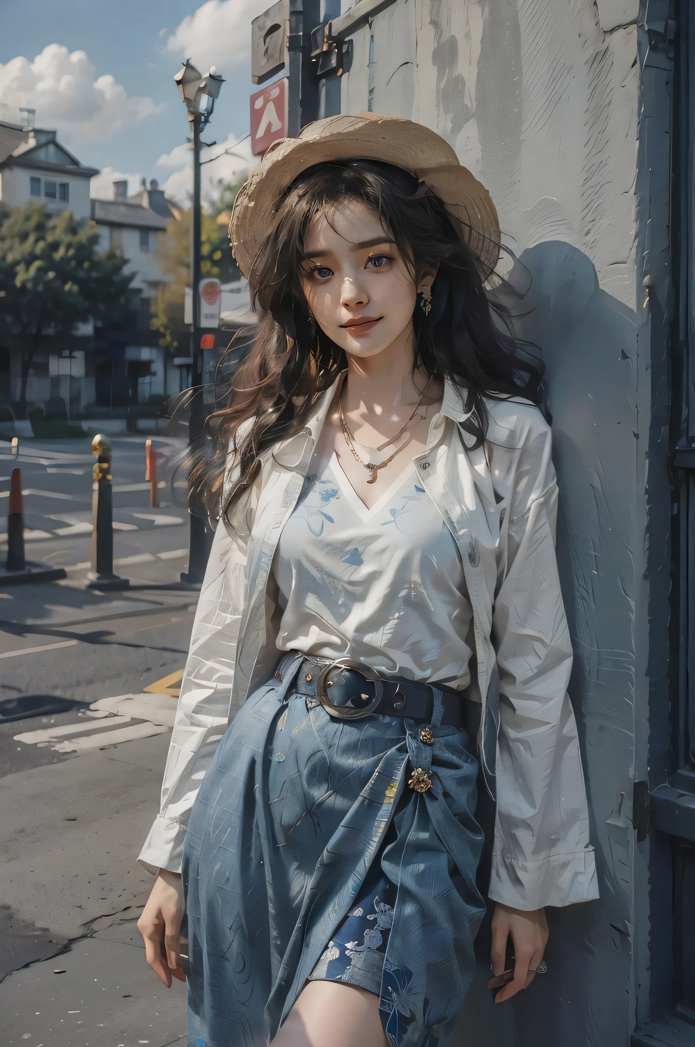 best quality, masterpiece, photo realistic, intricate details, raw photo, photon rendering, octane render, absurdres, ultra detailed, detailed face, detailed skin, trending on artstation,8k masterpiece,cinematic lighting, 1girl, skirt, outdoors, flower, hat, solo, jewelry, blue eyes, red flower, shirt, white shirt, necklace, belt, long sleeves, looking at viewer, pleated skirt, sky, day, rose, blue skirt, short hair, earrings, blue sky, bangs, parted lips, red rose, hair ornament, black belt, cowboy shot, blush, smile, shirt tucked in, standing, cloud, buckle, hand on headwear, collarbone, building, tree, straw hat, arm up, thighs, cross, belt buckle, sun hat, breasts, wind, hat flower, puffy long sleeves, white hair, wind lift, yellow flower, teeth,