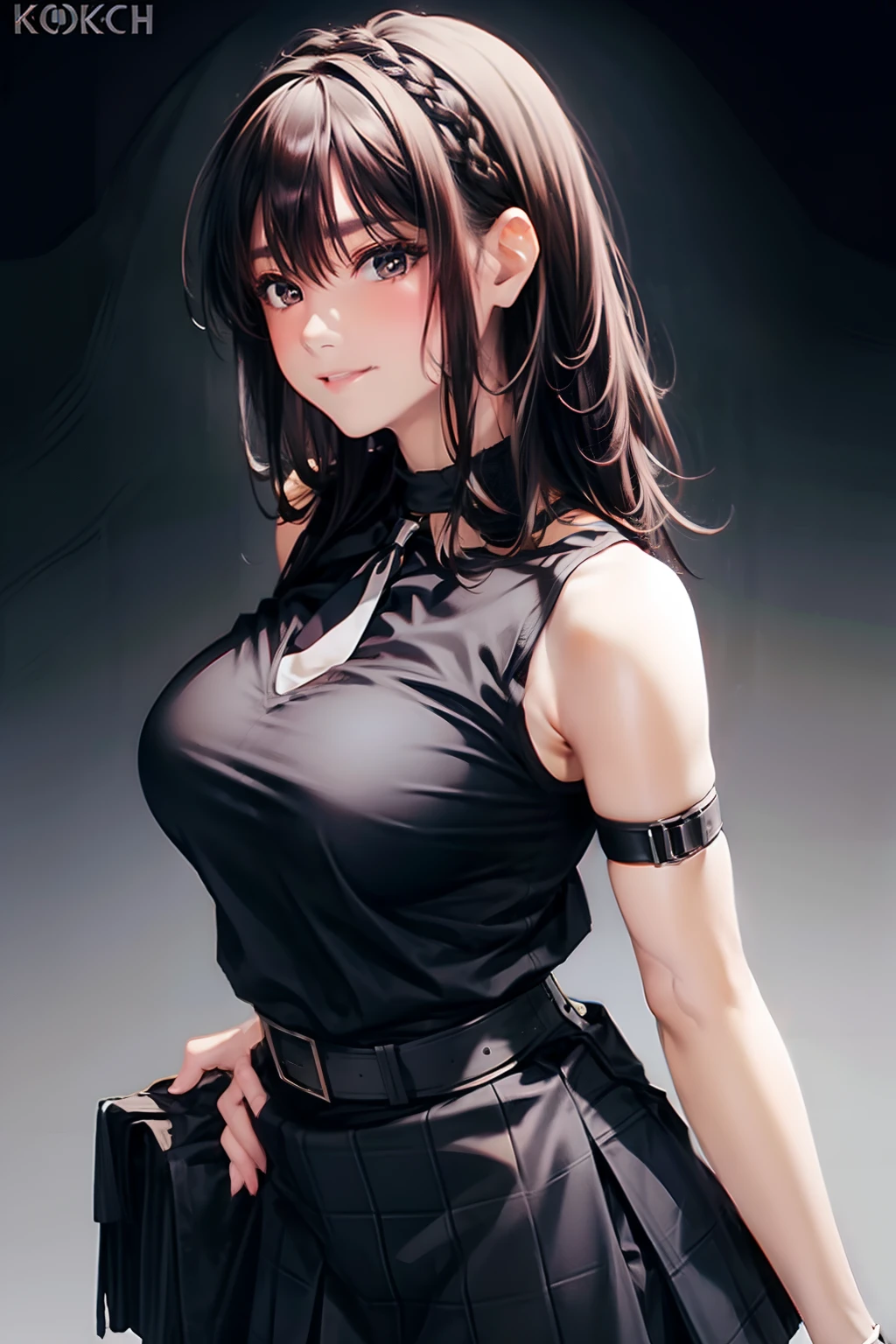 a black skirt　neck tie　Black tank top　　　　　　　Brown hair　long　Gray eyes　　holster　　Garter belt on the legs 　　　　large full breasts　　hands above your head　Colossal tits　Pichi Pichi clothes　both sides