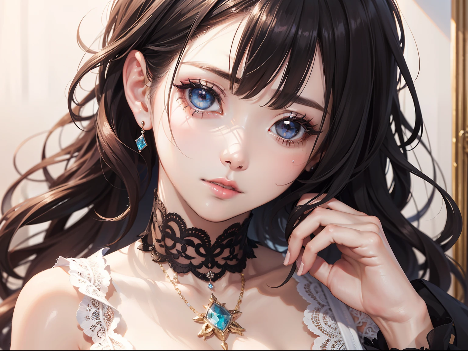 tmasterpiece,Best quality at best,Beautiful quality,Photorealsitic,looking at viewert,Detailed lighting,Extremely detailed skin,Extremely detailed hair,shadowing,8K:1.2,1girll,Short top,Lace shorts,systemic