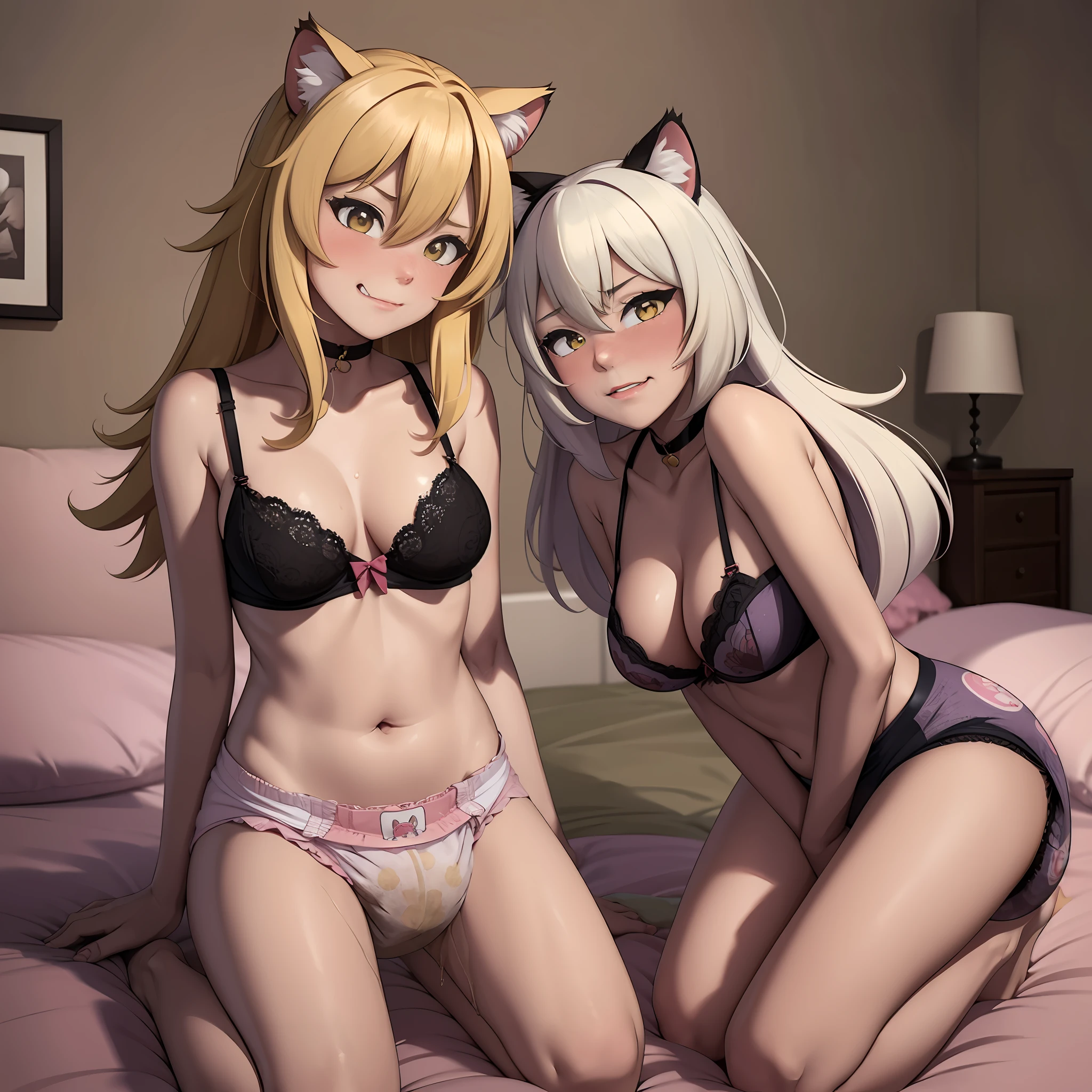 masterpiece, top quality, best quality, highly detailed:1.2), colorful, 2girl, double, photo of a 2 cute catgirls in soiled diapers, one is kneeling on her bed facing away from the camera whith her face turned twords us and smirking, the other facing the camera and is standing in front of the bed and looking into the waistband of her diaper with an embarrassed look on her face, indoor, kneeling, standing, diaper, lion patterned diaper, wet diaper, soggy diaper, messed diaper, diaper mess, hypermessing, diaper waistband peek, faded wetness indicator, pink lacey bra, black lacey bra, golden coller, ruby ring, red lipstick, blonde, blonde cat ears, blonde cat tail, yellow cat eyes, cat claws, bed, smirking, blush, frowning, facing away from camera, facing camera