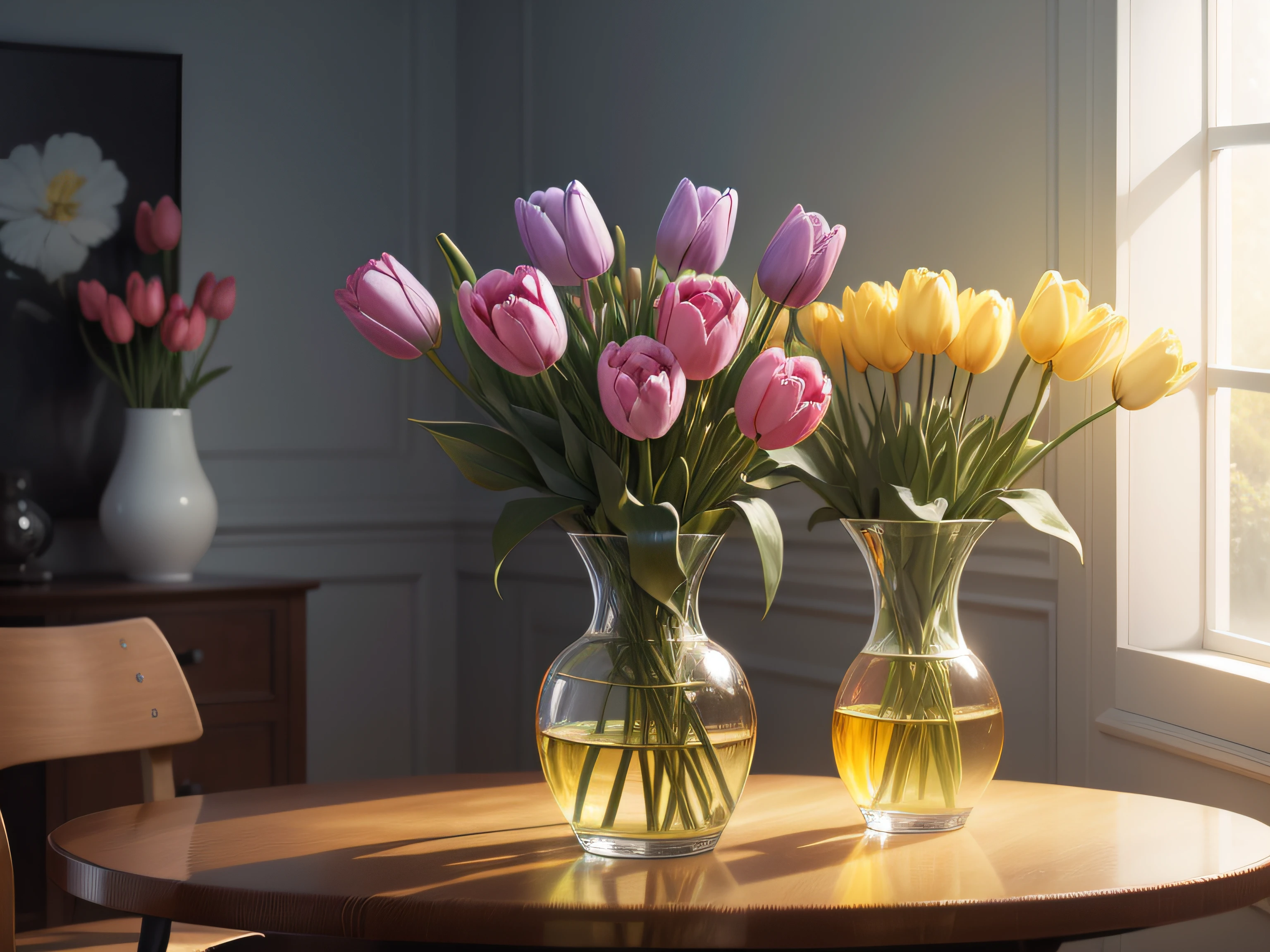 Long-stemmed tulips of bright color, , Flower bouquet, Futuristic vase., Realistically rendered, photo-like style.