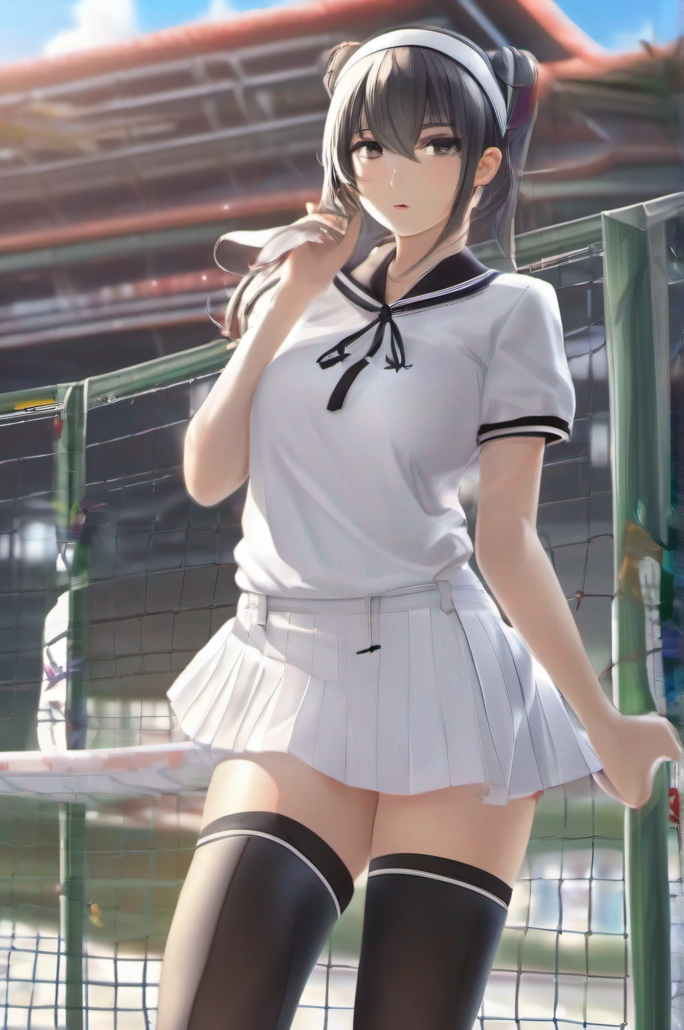 1girl, solo, tennis wear, white polo shirt, white sneakers, white mini skirt, masterpiece, best quality, realistic, ultra-detailed, slim, (shiny skin, sweating:1.4), ridiculous, looking at viewer, long double ponytail, black hair, brown eyes, dynamic light and shadow, high resolution, sharp focus, depth of field, detailed eyes, sharp pupils, realistic pupils, (small breasts: 1.3), (thick thighs: 1.1), outdoor, sky, white over-the-knee socks, white ribbon hair ornament