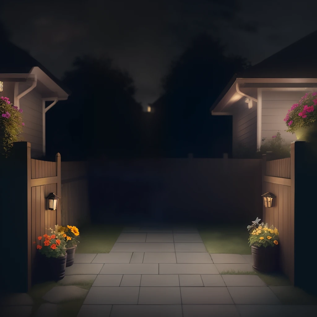 garden, fence, mailbox, letterbox, doorstep, door, front porch, porch, flower pots, pots, planter boxes, entryway, foyer, low stool, stool, garden bench, chair, butterflies, bees, flowers, water feature, wood hot tub, intricate background, stunning background, beautiful background, amazing background, no human, dark sky, dark night, dark theme,
