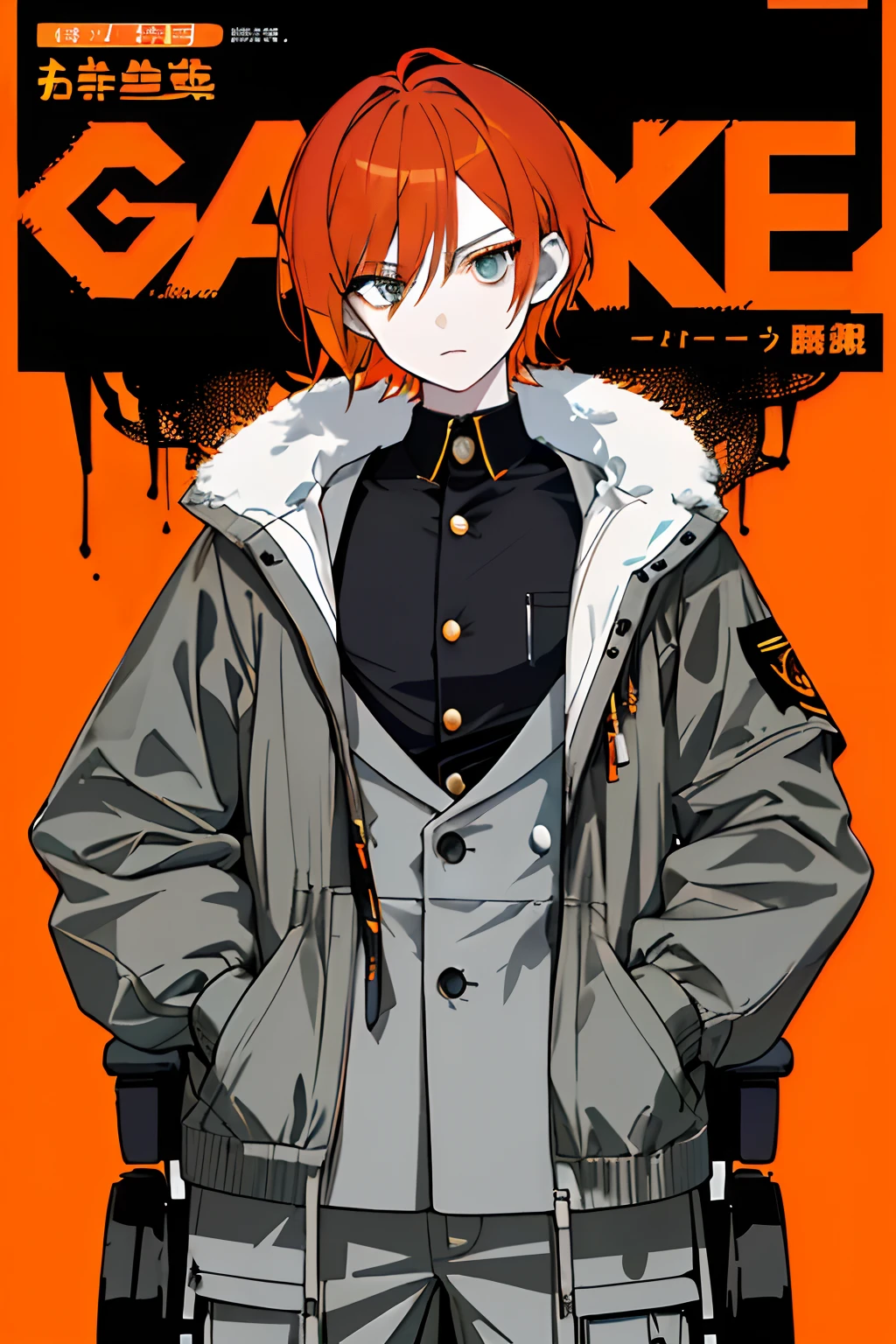 ((((Dramatic))), (((grittiness))), (((Intense))) The illustration features a young woman as the central character。She stands confidently in the center of the poster,Put your hands in your pockets,Wearing a Zhongshan suit,with a determined expression on her face。The background is dark and gritty,There is a sense of danger and a strong feeling。The text is bold and eye-catching,With catchy slogans,Adds to the overall drama and excitement。The color palette is dominated by dark colors,Dotted with bright colors,Make the poster dynamic and visually striking,tachi-e (Magazines:1.3), (Cover-style:1.3), Fashionab, woman, vibrant, Outfit, posing on a, Front,rich colourful,dyna,Background with,element in,self-assured,Expressing the,halter,statement,Attachment,A majestic,coil,Runt,Touching pubic area,Scenes,text,Cover of a,boldness,attention-grabbing,titles,Fashionab,typeface,Catchy,titles,more big,Smart、moderno、Trendy、focus-on、Fashionab、(flatchest),Handsome ,orange short hair ,in wheelchair,Mechanical right hand,Culottes