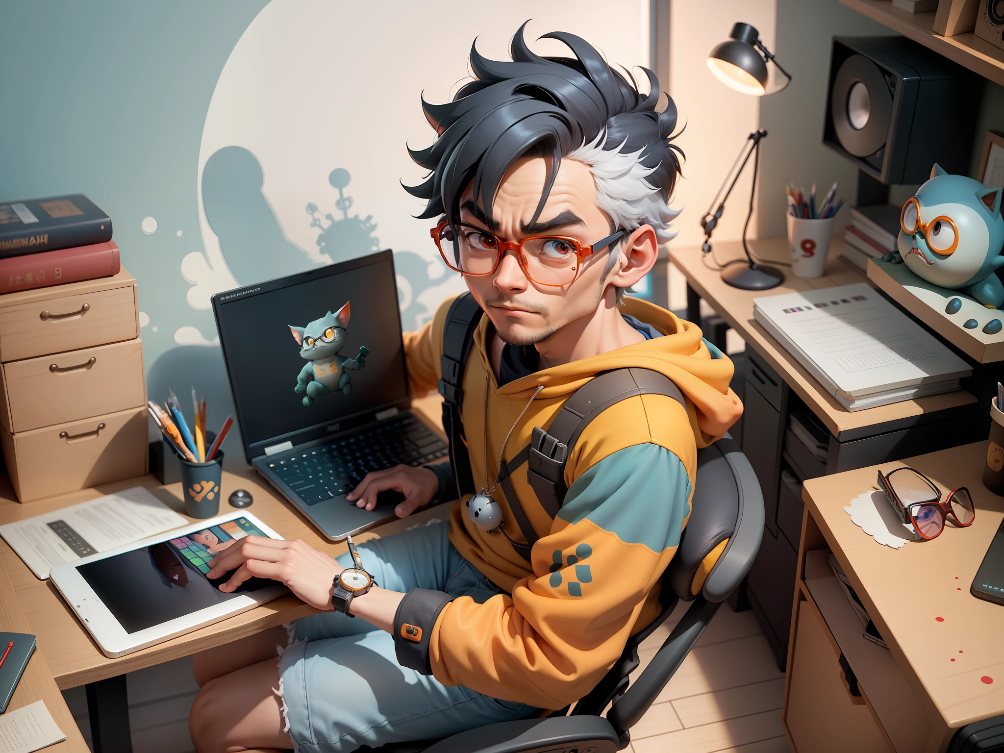 A young man with glasses sits at his desk，holding laptop，digitial painting，3D character design by Mark Clairen and Pixar and Hayao Miyazaki and Akira Toriyama，4K HD illustration，Very detailed facial features and cartoon-style visuals。