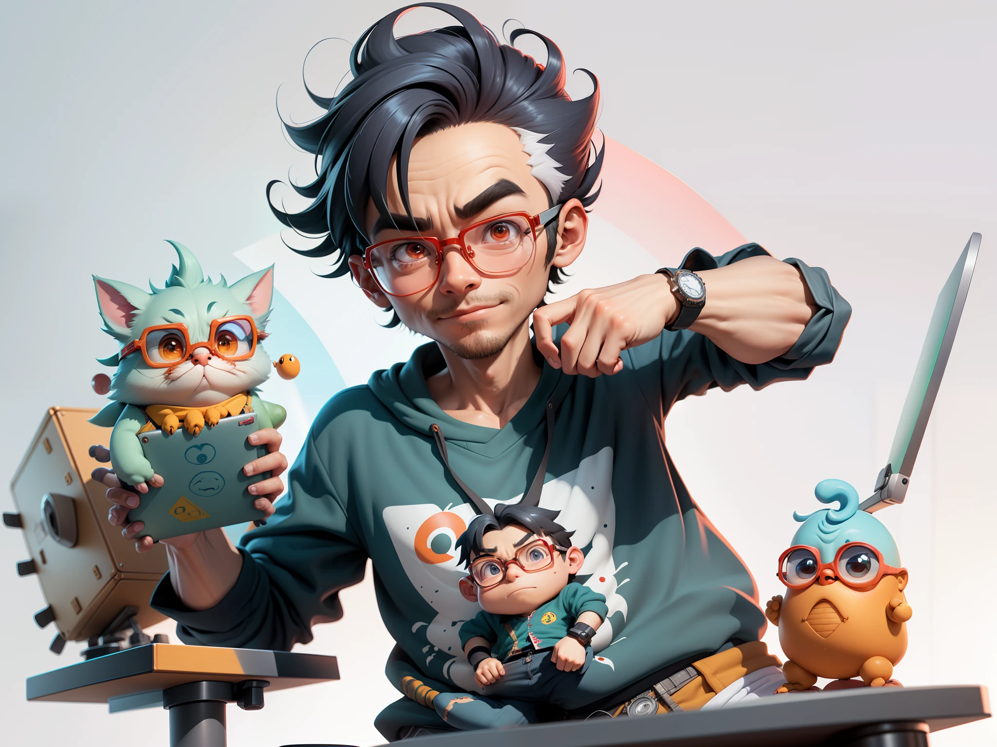 A young man with glasses sits at his desk，holding laptop，digitial painting，3D character design by Mark Clairen and Pixar and Hayao Miyazaki and Akira Toriyama，4K HD illustration，Very detailed facial features and cartoon-style visuals。