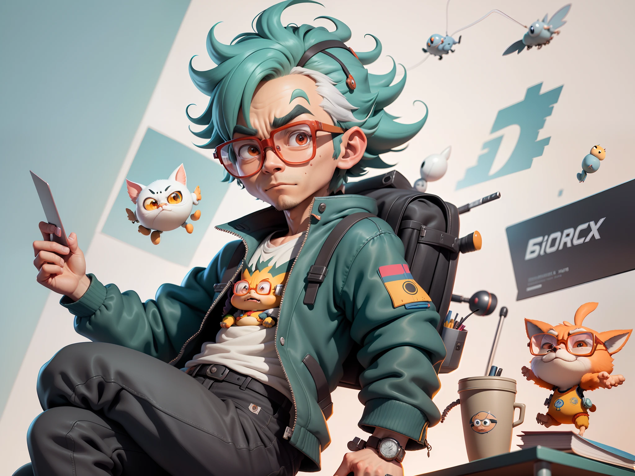 A young man with glasses sits at his desk,holding laptop,digitial painting,3D character design by Mark Clairen and Pixar and Hayao Miyazaki and Akira Toriyama,4K HD illustration,Very detailed facial features and cartoon-style visuals。