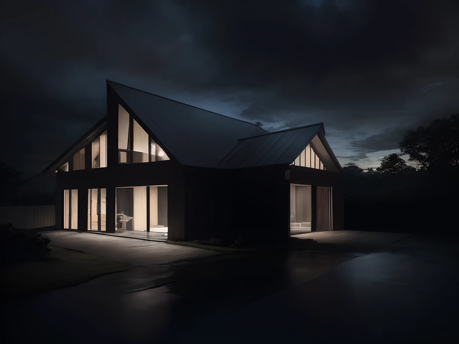 mordenhouse, house, glass house with a sloping roof, modern, dynamic (RAW photo, real, best quality, masterpiece:1.2), (hyper realistic, photo-realistic:1.2), high quality, (dark lighting:1.2), perfect lighting, archdaily, dark sky, dark night, dark theme,