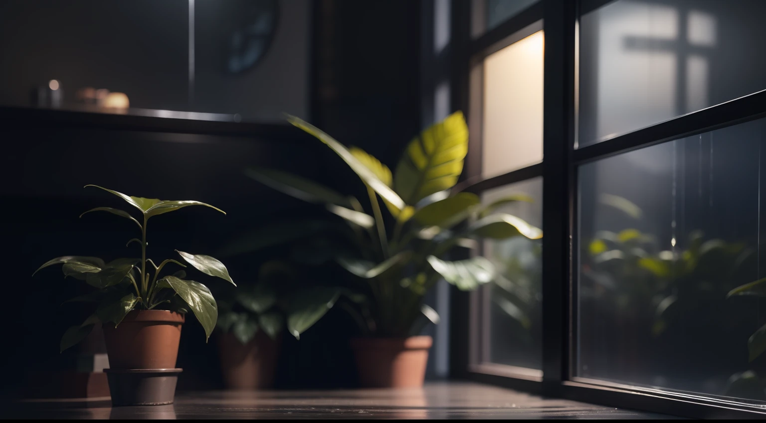 maximum quality, photorealism, 8k, film, high resolution, indoor, view from below, small rustic living room with low lighting with rainy afternoon outside, (rainy and foggy afternoon: 1.2), southeast pacific, (medium lighting: 1.2), (dim lighting: 0.9), plants, large plants, rainy, monstera, many plants, (foggy windows:1.2), pictures on the wall, wall with light texture, masterpiece, best quality, twilight hour, (afternoon:1.4), rainy afternoon, before sunset, general plan, medium depth of field, lomography, maximum quality, beautiful, masterpiece, photorealism, 8k, realistic texture of high resolution, grain of film, Shot on a Canon EOS-1D X Mark III, 50mm lens, F/2.8, sharp focus, dark sky, dark night, dark theme,