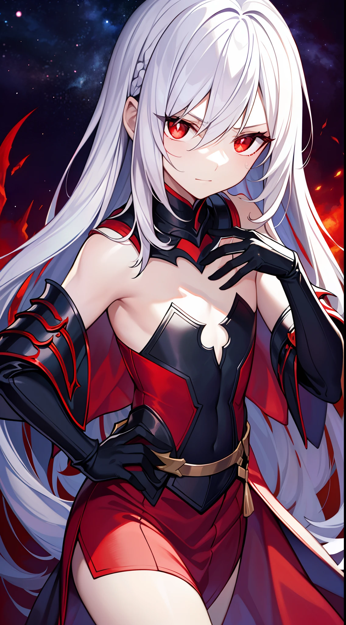 (Beautiful wallpapers) ,(evil theme),(Girl with long white hair),red pupils,(Black cloak and armor cover the whole body),Dominate the disaster,(Handsome),Flat chest,Red Storm,(A world shrouded in darkness),Random background,The decline of the world,