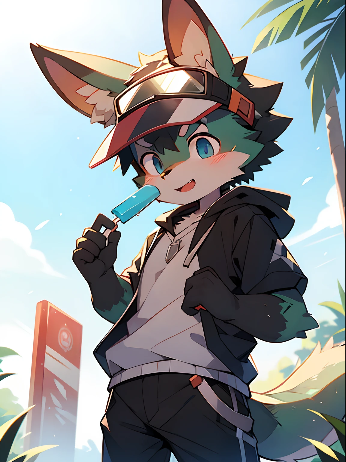 author:Jrjresq, author:Kirito, mammal, Furry, Male, Solo, wears, visor, Lick popsicles, Summer,