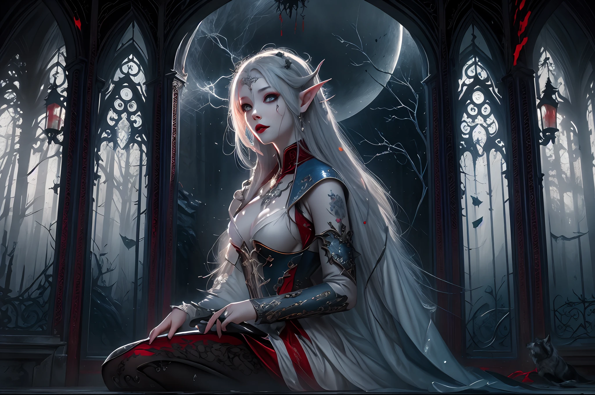 a picture of vampire elf in her castle and her pet wolf, an exquisite beautiful female elf vampire (ultra detailed, Masterpiece, best quality), full body, ultra detailed face (ultra detailed, Masterpiece, best quality), grey skin, blond hair, hair in a ponytail, long hair, blue eyes, cold eyes, glowing eyes, intense, eyes small pointed ears, smirking, smile with drops of blood on face (ultra detailed, Masterpiece, best quality), dark red lips, [vampire fangs], wearing white dress (ultra detailed, Masterpiece, best quality), dark blue cloak, high heeled boots in dark fantasy library, with an big grey wolf (Masterpiece, best quality) book shelves, high details, best quality, 8k, [ultra detailed], masterpiece, best quality, (ultra detailed), full body, ultra wide shot, photorealism, RAW, dark fantasy art, moon light coming through the window, moon rays, gothic art, sense of dread, sense of seduction