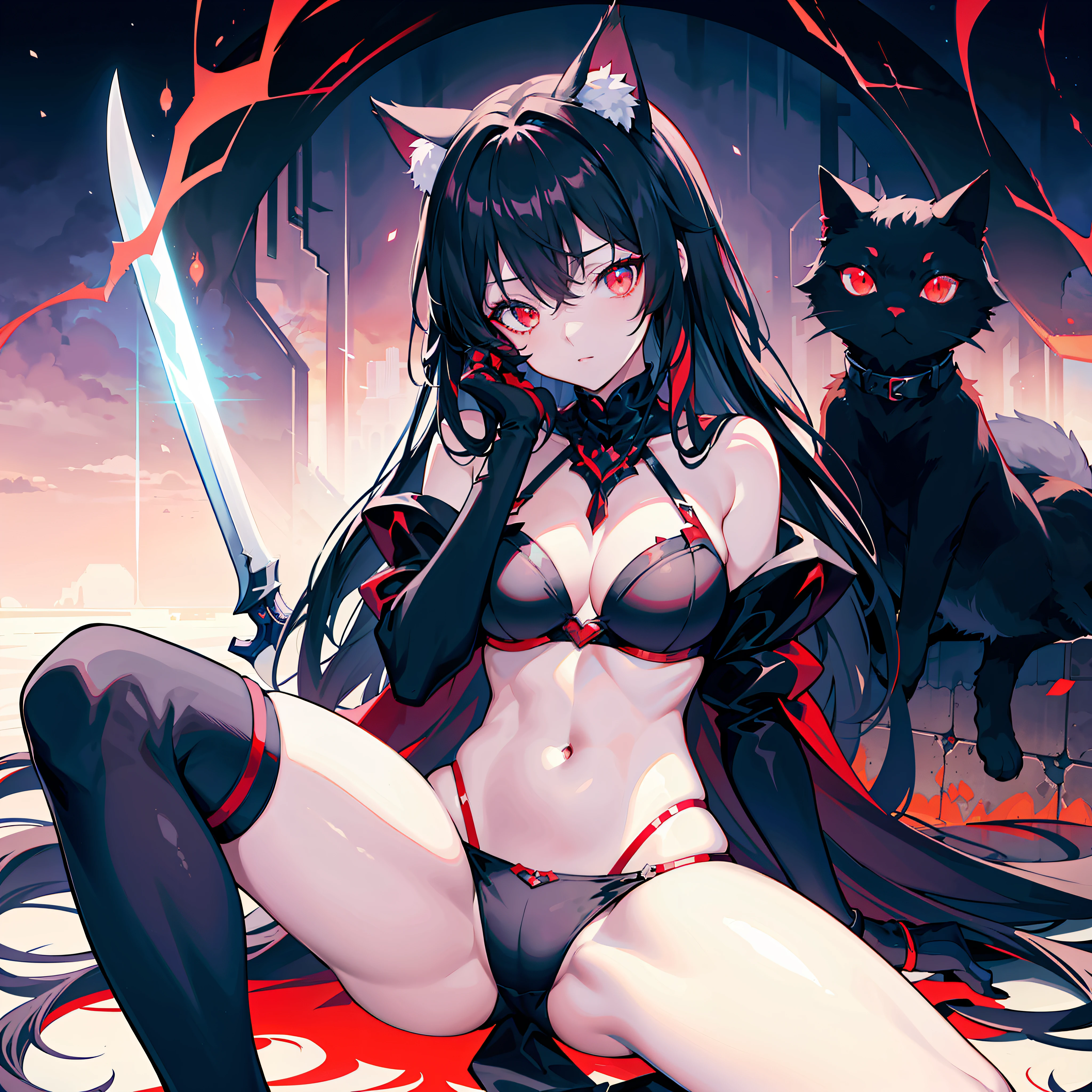 A close-up of a girl,Black hair,red color eyes,glowing light eyes,Separate the sleeves,black color dress,Cold,Perfect girly body,mediuml breasts,long leges,cat ear,black glove,the night,Lake surface,There are three cats next to it,Holding a black long sword,Indifferent swordsman,Separate the sleeves,Honkai Three style,style of anime,full bodyesbian,Reveal bra and panties,Bare chest,Spread your legs,seductiv,Fold your arms behind your head,Cover the navel,Need,tmasterpiece,Normal body,Normal muscles