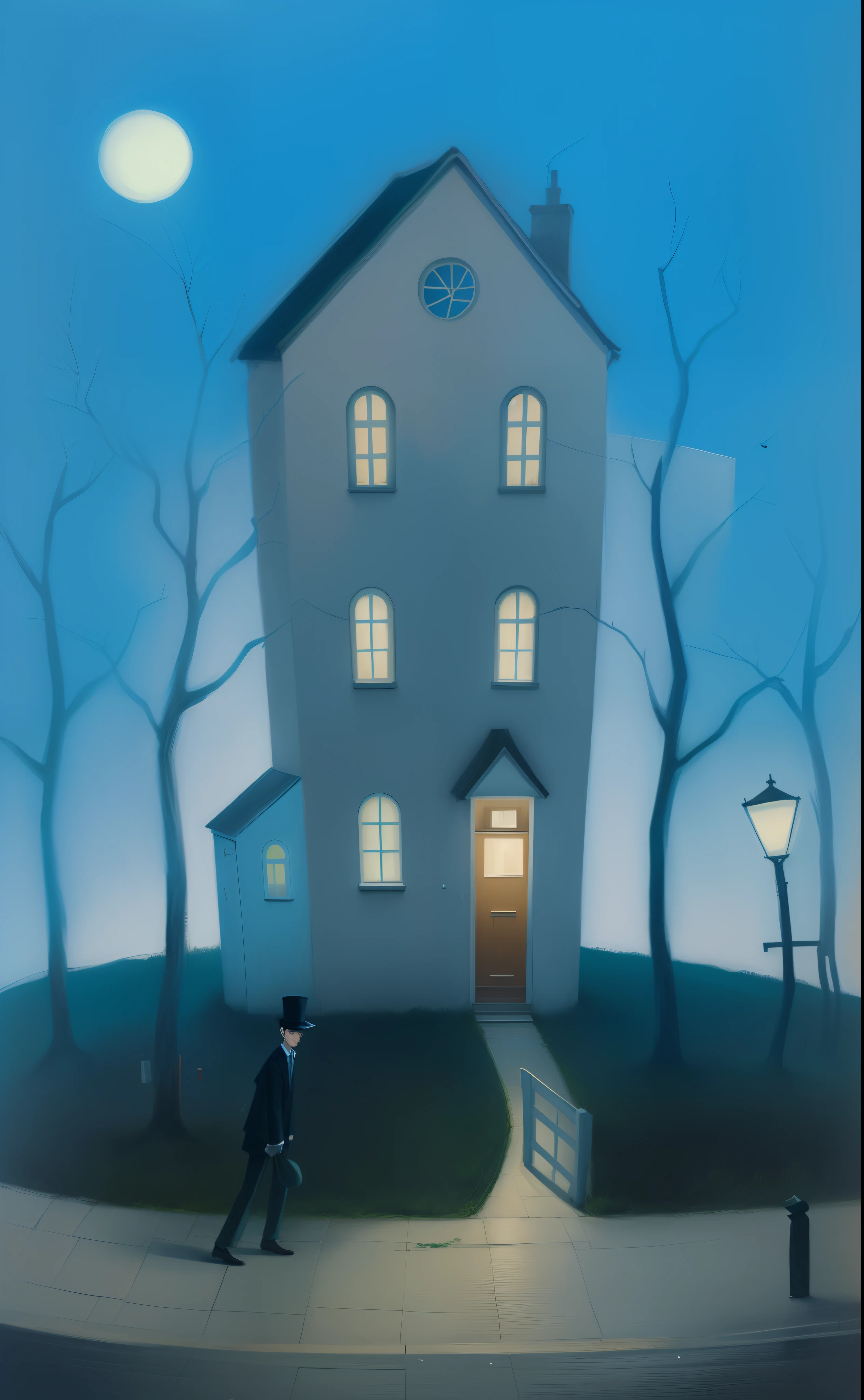pintura de um homem passando por uma casa em uma colina, inspirado em Lyonel Feininger, inspirado em L. s. Lowry, Directed by: Yi Inmun, Directed by: Eileen Aldridge, Directed by: Desmond Morris, inspirado em Desmond Morris, inspirado em John Brack, arte caprichosa, Jane Newland, inspirado em Clarice Beckett, inspirado em Gertrude Abercrombie