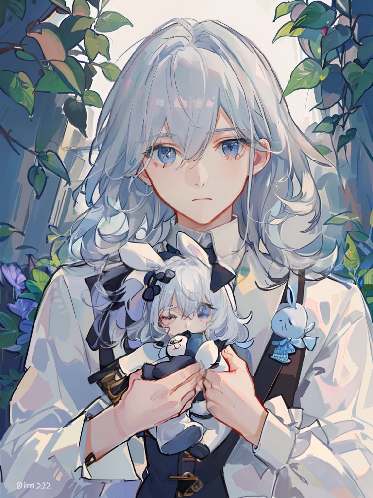 Blue-haired boy, Bunny doll in hand, Pale tired eyes, curled silver hair, White hair maniac