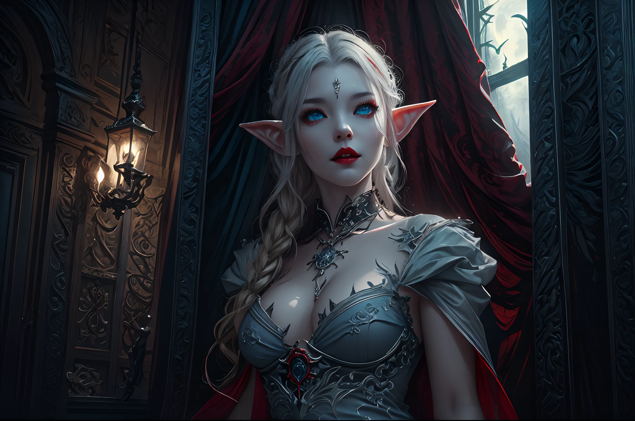 a picture of vampire elf in her castle and her pet wolf, an exquisite beautiful female elf vampire (ultra detailed, Masterpiece, best quality), full body, ultra detailed face (ultra detailed, Masterpiece, best quality), grey skin, blond hair, hair in a ponytail, long hair, blue eyes, cold eyes, glowing eyes, intense, eyes small pointed ears, smirking, smile with drops of blood on face (ultra detailed, Masterpiece, best quality), dark red lips, [vampire fangs], wearing white dress (ultra detailed, Masterpiece, best quality), dark blue cloak, high heeled boots in dark fantasy library, with an big grey wolf (Masterpiece, best quality) book shelves, high details, best quality, 8k, [ultra detailed], masterpiece, best quality, (ultra detailed), full body, ultra wide shot, photorealism, RAW, dark fantasy art, moon light coming through the window, moon rays, gothic art, sense of dread, sense of seduction