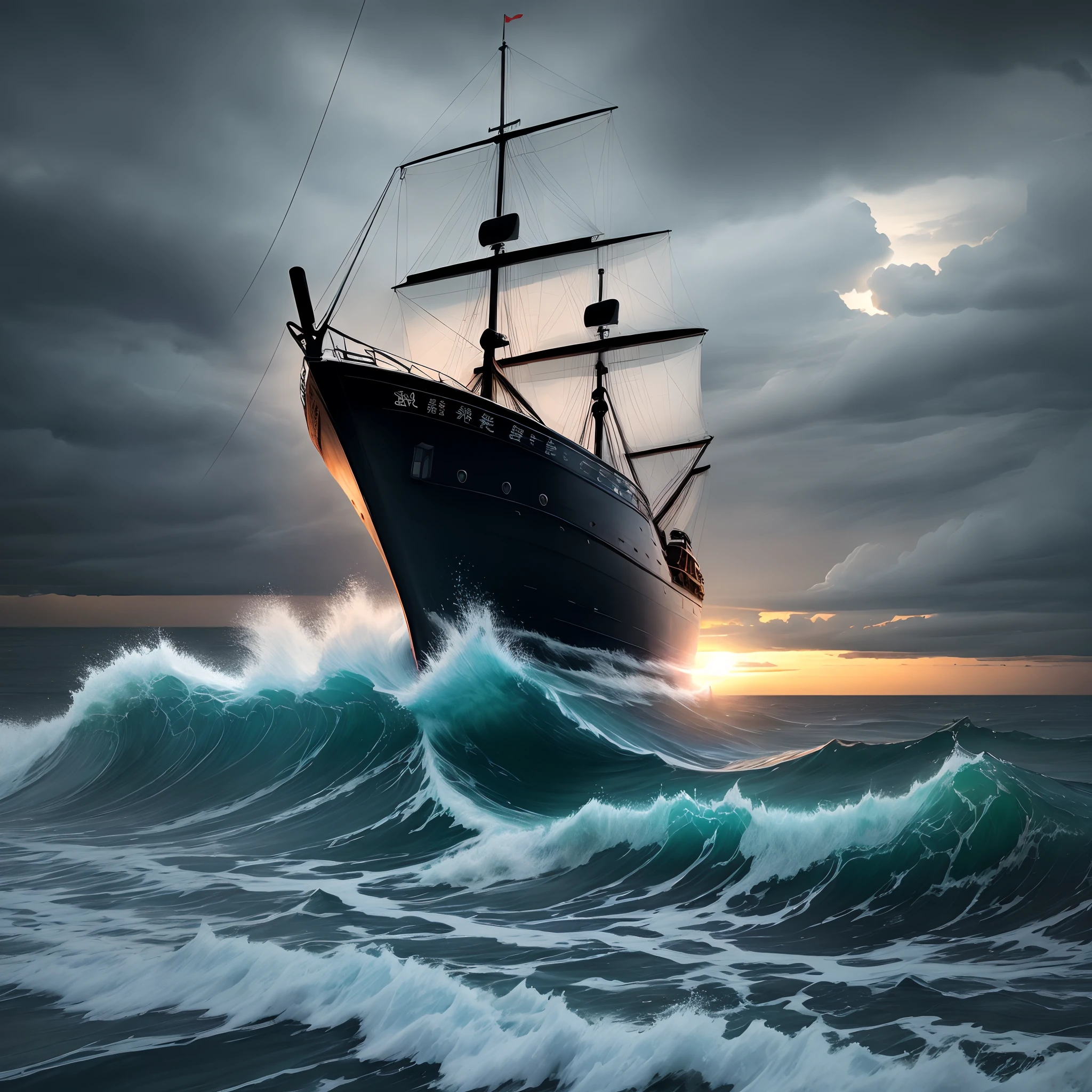 On the sea,Countless storms,Dark night,In the distance there is an old sailing ship,The waves are rolling,black in color,icy。Realistis