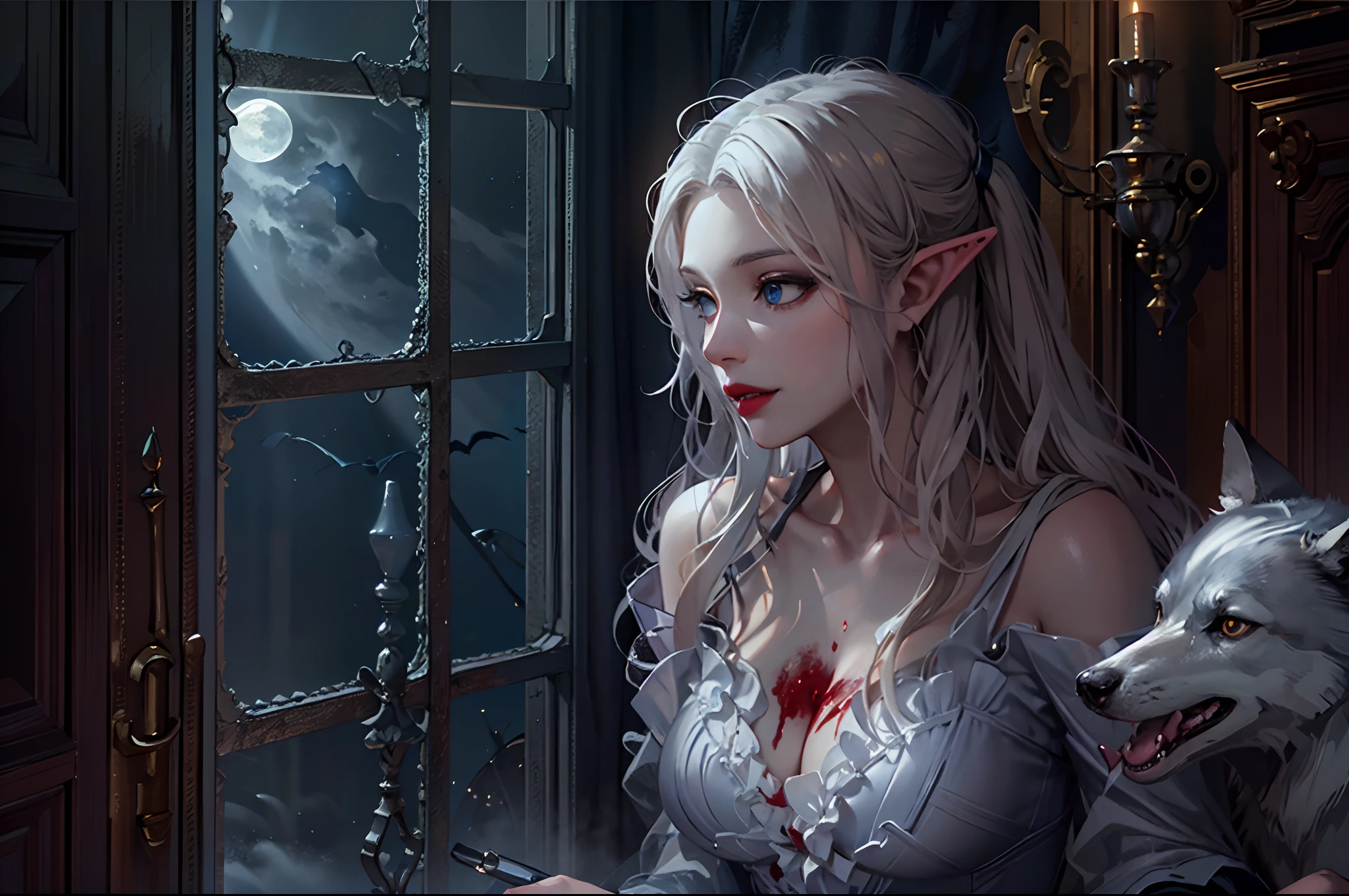 a picture of vampire elf in her castle and her pet wolf, an exquisite beautiful female elf vampire (ultra detailed, Masterpiece, best quality), full body, ultra detailed face (ultra detailed, Masterpiece, best quality), grey skin, blond hair, hair in a ponytail, long hair, blue eyes, cold eyes, glowing eyes, intense, eyes small pointed ears, smirking, smile with drops of blood on face (ultra detailed, Masterpiece, best quality), dark red lips, [vampire fangs], wearing white dress (ultra detailed, Masterpiece, best quality), dark blue cloak, high heeled boots in dark fantasy library, with an big grey wolf (Masterpiece, best quality) book shelves, high details, best quality, 8k, [ultra detailed], masterpiece, best quality, (ultra detailed), full body, ultra wide shot, photorealism, RAW, dark fantasy art, moon light coming through the window, moon rays, gothic art, sense of dread, sense of seduction