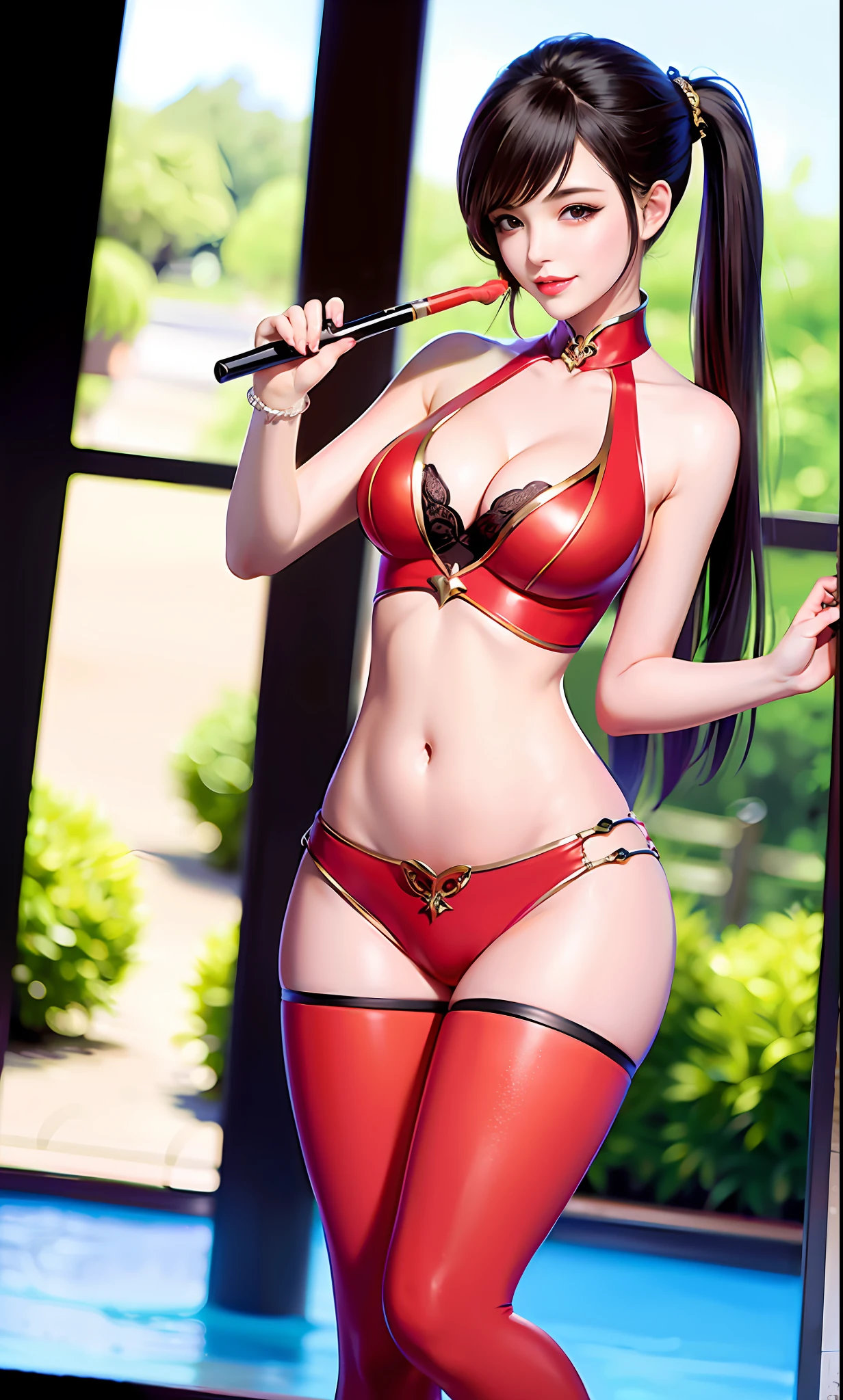 tmasterpiece:1.2,best qualtiy),hentail realism,(Real pictures,rich detail details,depth of fields),(1个Giant Breast Girl,独奏),putting makeup on,high detal,Perfect face shape,(:1.4),(dent in the skin),Thigh thick,Wide hips,Thin waist,highr,coral,Redlip,pony tails(Kizi,Shallow tulle,Tulle transparent),(sweat leggs:1.2),(dampness),Raised sexy,Be red in the face,(shyexpression), vests,Harnes,belly-bar,shorter pants,Small lake,water play