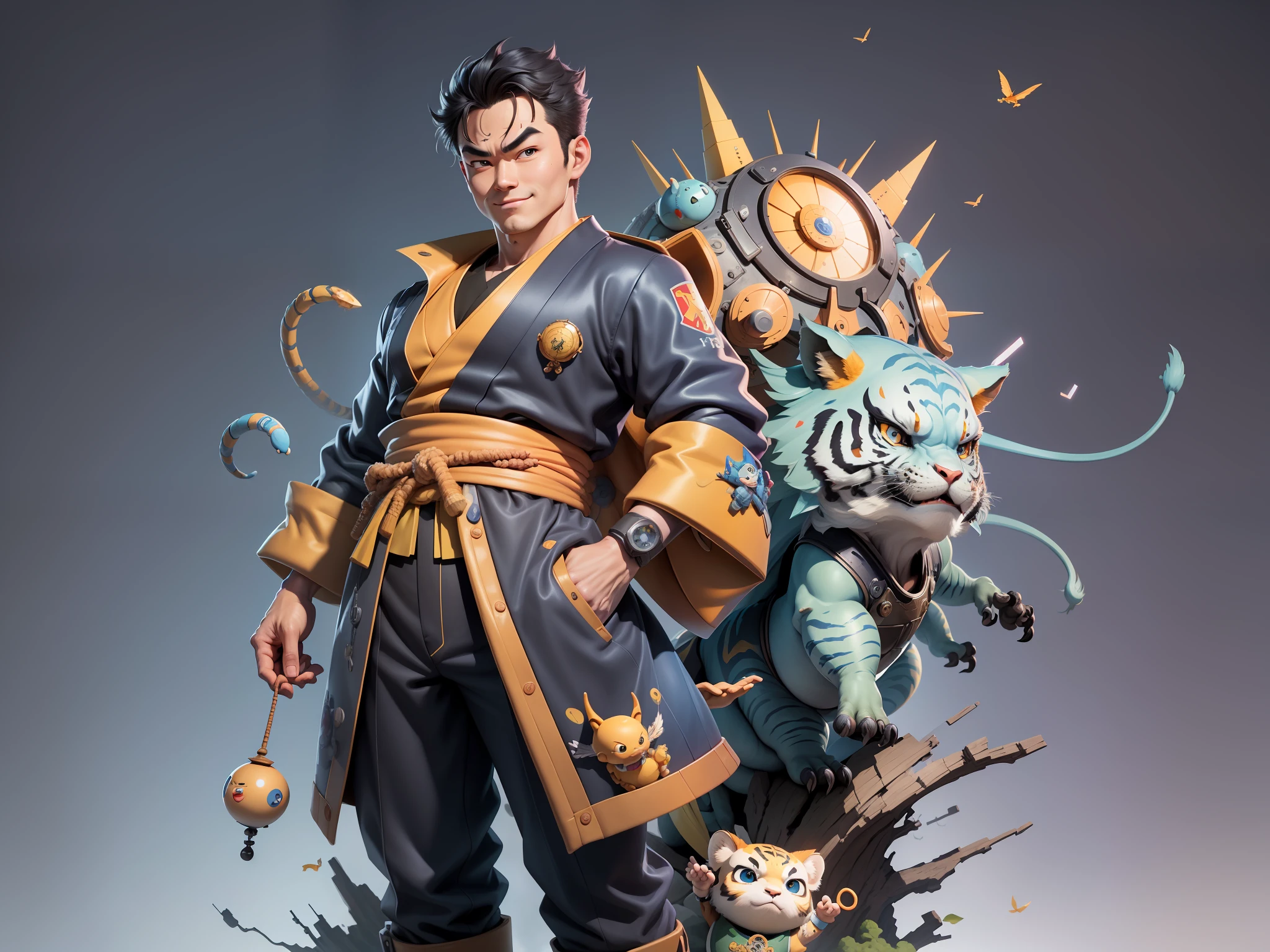 (Masterpiece), (Excellent), (Super Meticulous), (Full Body: 1.2), Super Young Man, Oriental Face, Japanese Kimono, Japanese Wind Thunder God, Dragon, Tiger, TV Anchor, Bust Portrait Illustration, Alone, Black Suit, Blue Tie, Slightly Chubby Face, Very Clean Face, No Beard, Black Super Short Hair, Black Eyes, Confident Smile, 3c Computer Sub-Products, iPad, iPhone, Digital Painting, 3D Character Design by Akira Toriyama and Mark Claireden and Pixar and Hayao Miyazaki, The illustration is a high-definition illustration in 4K resolution with very detailed facial features and cartoon-style visuals.