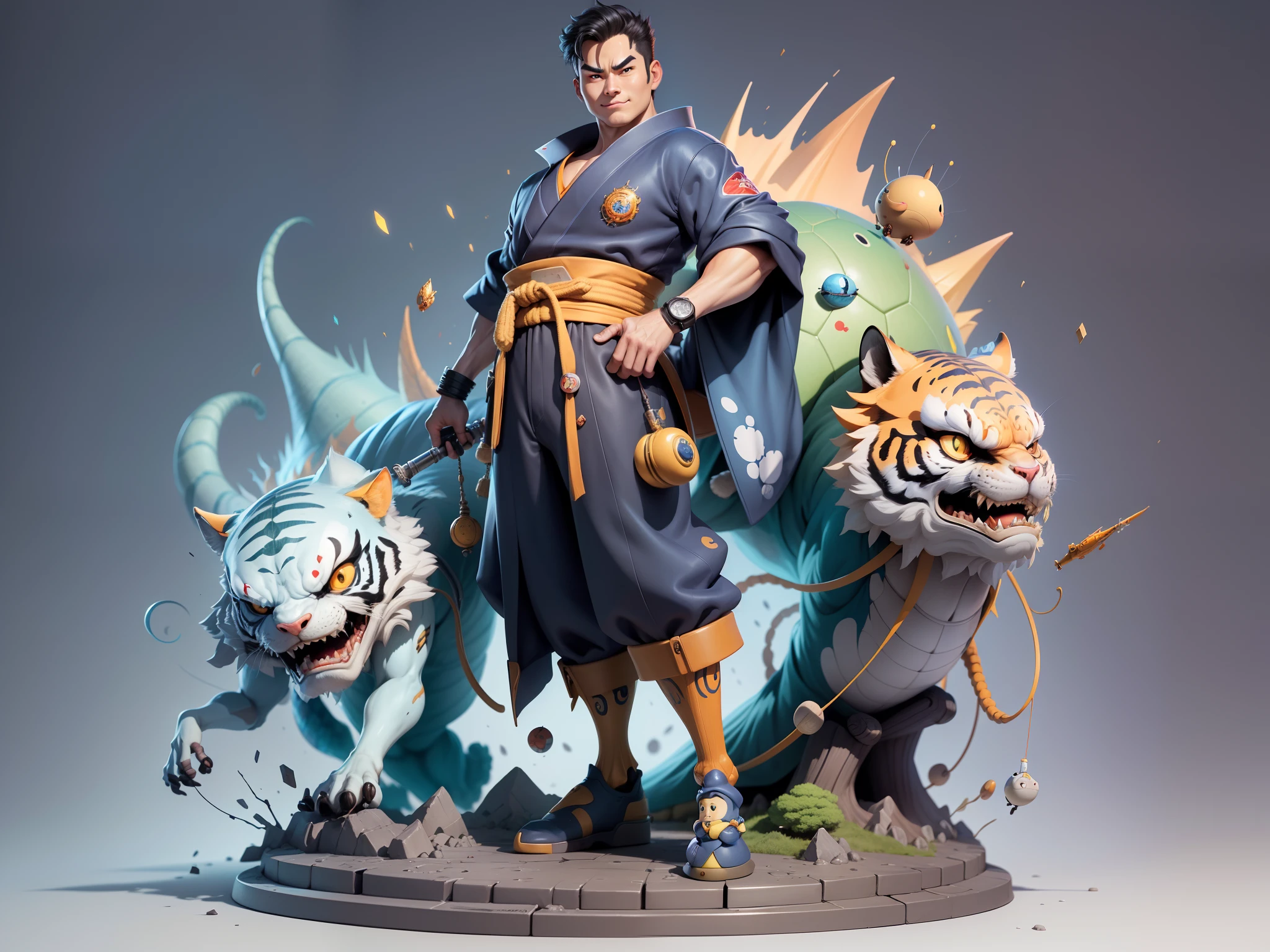 (Masterpiece), (Excellent), (Super Meticulous), (Full Body: 1.2), Super Young Man, Oriental Face, Japanese Kimono, Japanese Wind Thunder God, Dragon, Tiger, TV Anchor, Bust Portrait Illustration, Alone, Black Suit, Blue Tie, Slightly Chubby Face, Very Clean Face, No Beard, Black Super Short Hair, Black Eyes, Confident Smile, 3c Computer Sub-Products, iPad, iPhone, Digital Painting, 3D Character Design by Akira Toriyama and Mark Claireden and Pixar and Hayao Miyazaki, The illustration is a high-definition illustration in 4K resolution with very detailed facial features and cartoon-style visuals.