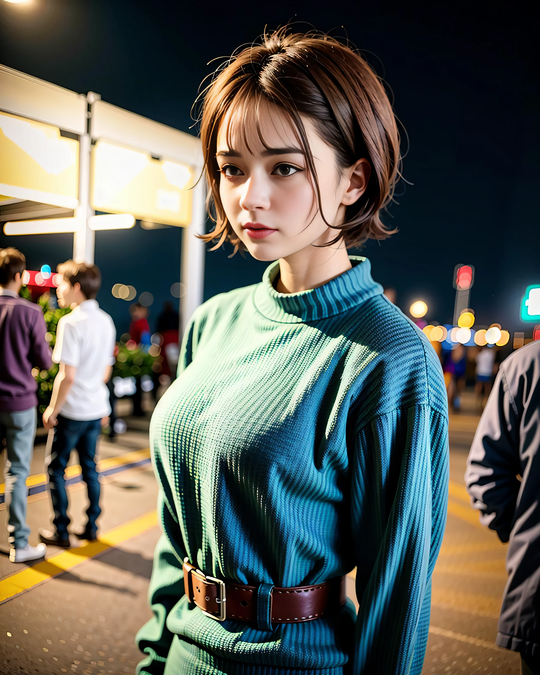 best quality, photorealistic, 8k, high res, 1girl, woman, (professional lighting), blur background, street, (people, crowds:0.8), market, (night:1.5),(short hair:1.5), colorful sweaters, (full body:0.6), gorgeous, (floating hair),(light particles, lens flare, glowing particles:0.5), soft lighting, office woman attire,