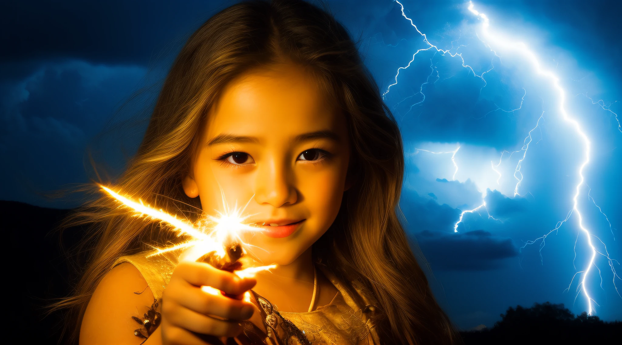 A closeup of a young blonde child with long hair holding a lightning bolt, splashes of lightning behind her, goddess of lightning, lightning fantasy magic, little girl with magical powers, she is attracting lightnings, japanese lightning goddess, maya ali as a lightning mage, efeitos de raios, amazing lightning art, magic and lightning, Explosive lightning spell, eletrizante, epic magical effects