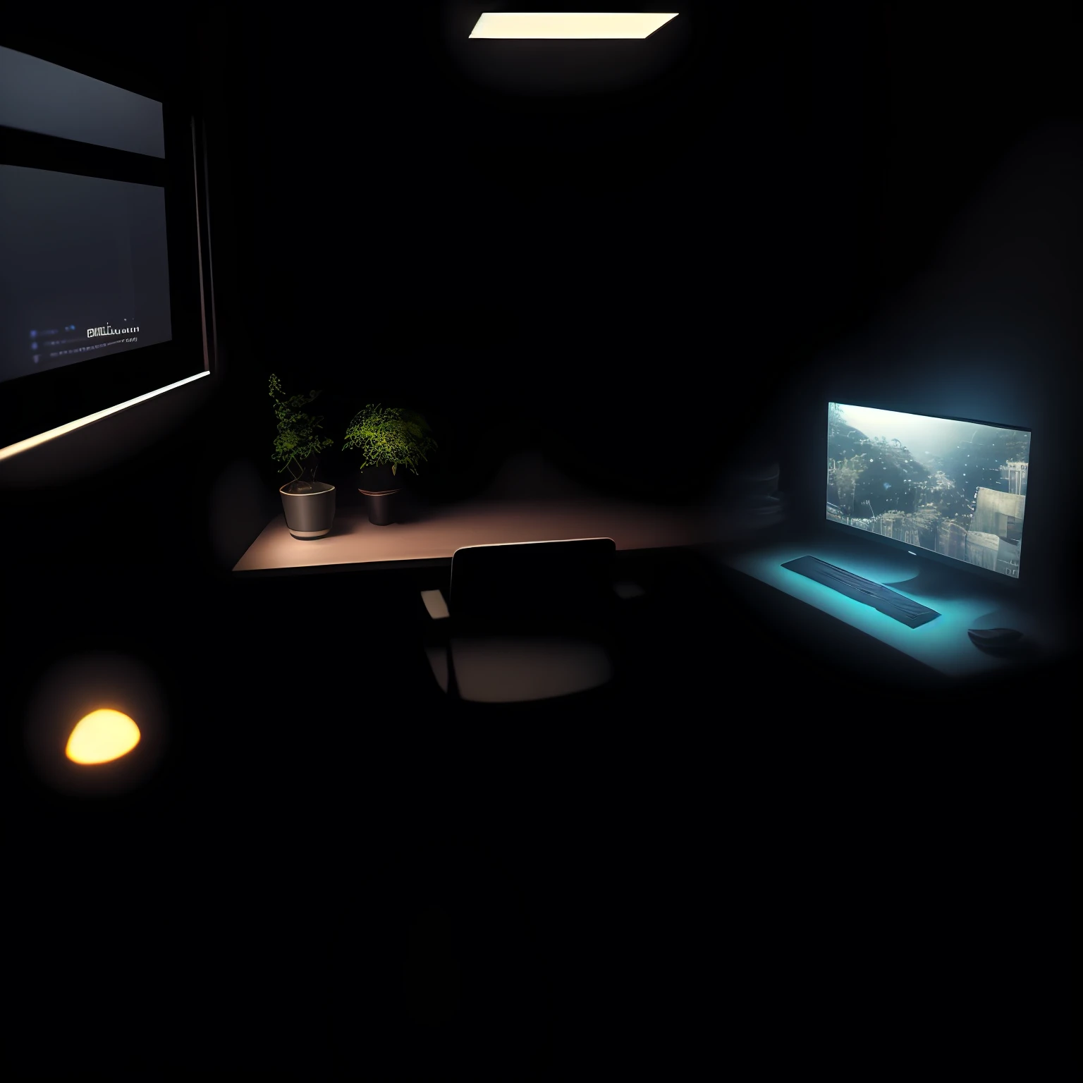 antitech,light particles, chair, computer, desk, indoors, monitor, no_humans, office_chair, plant, potted_plant, scenery, table, tile_floor, tiles, trash_can,scifi, dark sky, dark night, dark theme,