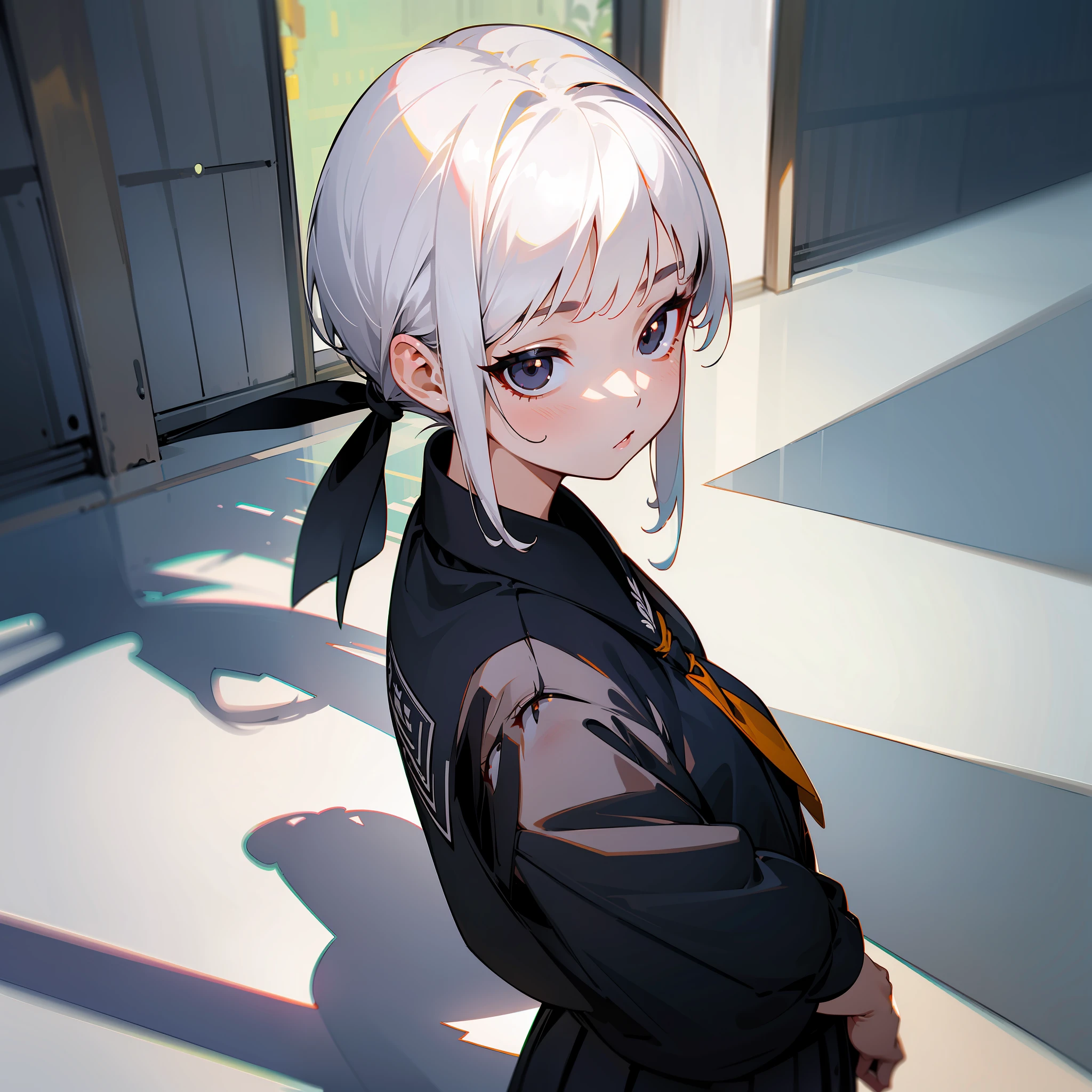 MKSKS style, (Very detailed background:1.0), (highly detailed back ground:1.0), 1girll, full_Body,,frontage,Masterpiece, Best quality, (1girll, Solo, Girl:1.2),,White hair,Best shadow,Upper body,Black eyes,low tied hair,Low ponytail,school uniform