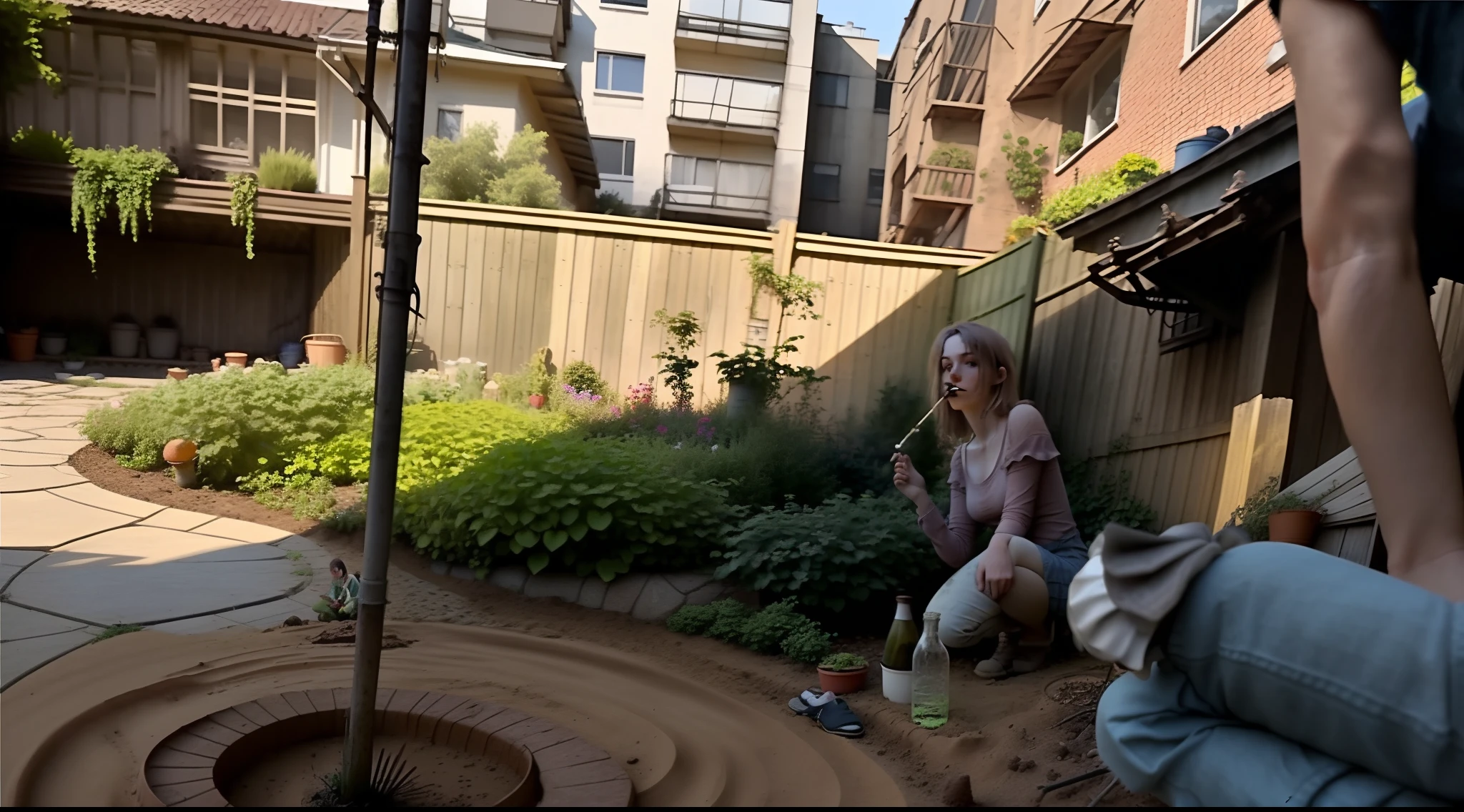 there is a woman kneeling down in the dirt with a bottle, very very low quality picture, very low quality, very very low quality, sitting in the garden, very poor quality of photography, with a garden, in garden, low quality photo, outside alone smoking weed, uhd candid photo of dirty, in a garden, panoramic view of girl, a picture