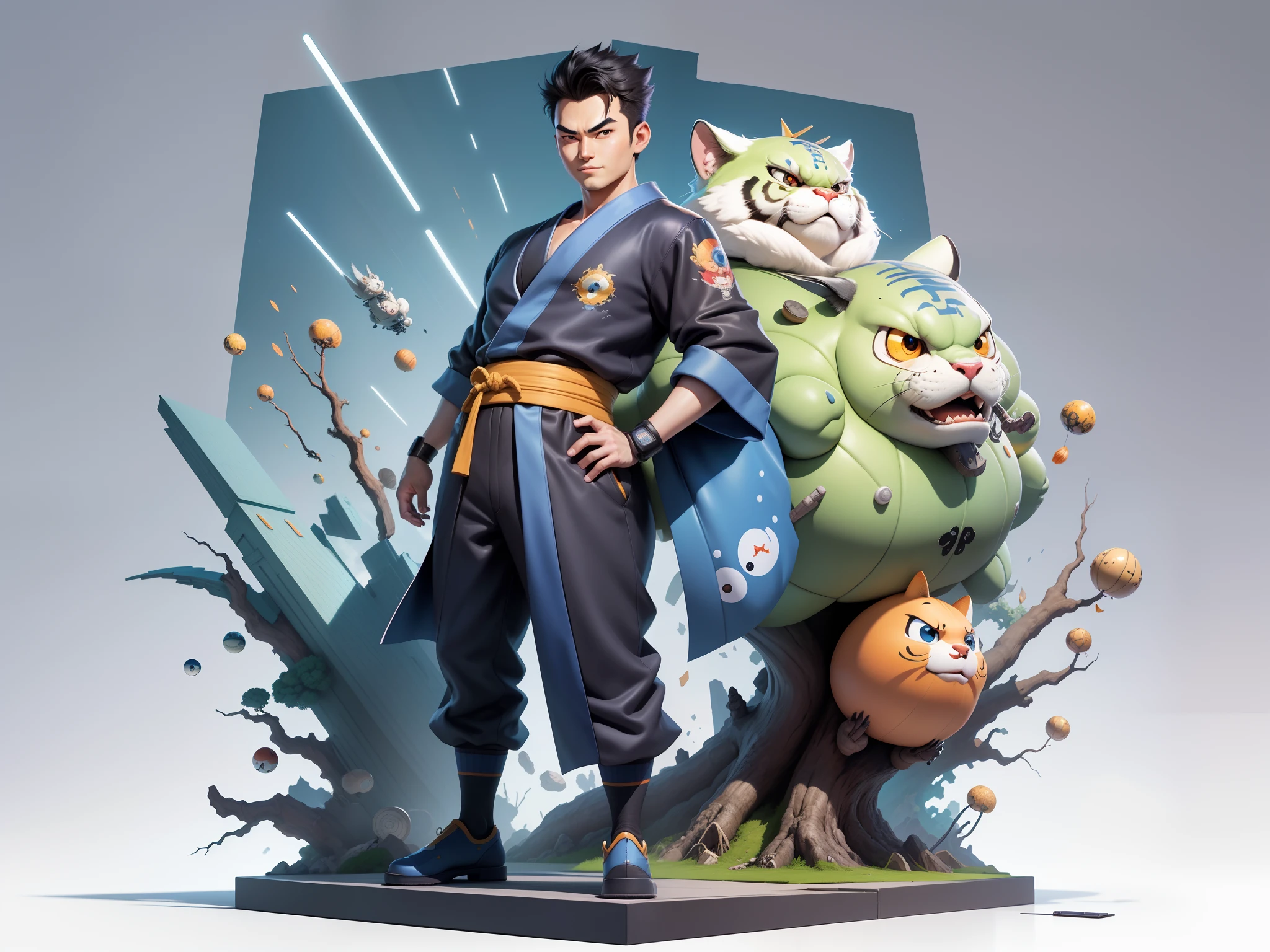 (Masterpiece), (Excellent), (Super Meticulous), (Full Body: 1.2), Super Young Man, Oriental Face, Japanese Kimono, Japanese Wind Thunder God, Dragon, Tiger, TV Anchor, Bust Portrait Illustration, Alone, Black Suit, Blue Tie, Slightly Chubby Face, Very Clean Face, No Beard, Black Super Short Hair, Black Eyes, Confident Smile, 3c Computer Sub-Products, iPad, iPhone, Digital Painting, 3D Character Design by Akira Toriyama and Mark Claireden and Pixar and Hayao Miyazaki, The illustration is a high-definition illustration in 4K resolution with very detailed facial features and cartoon-style visuals.