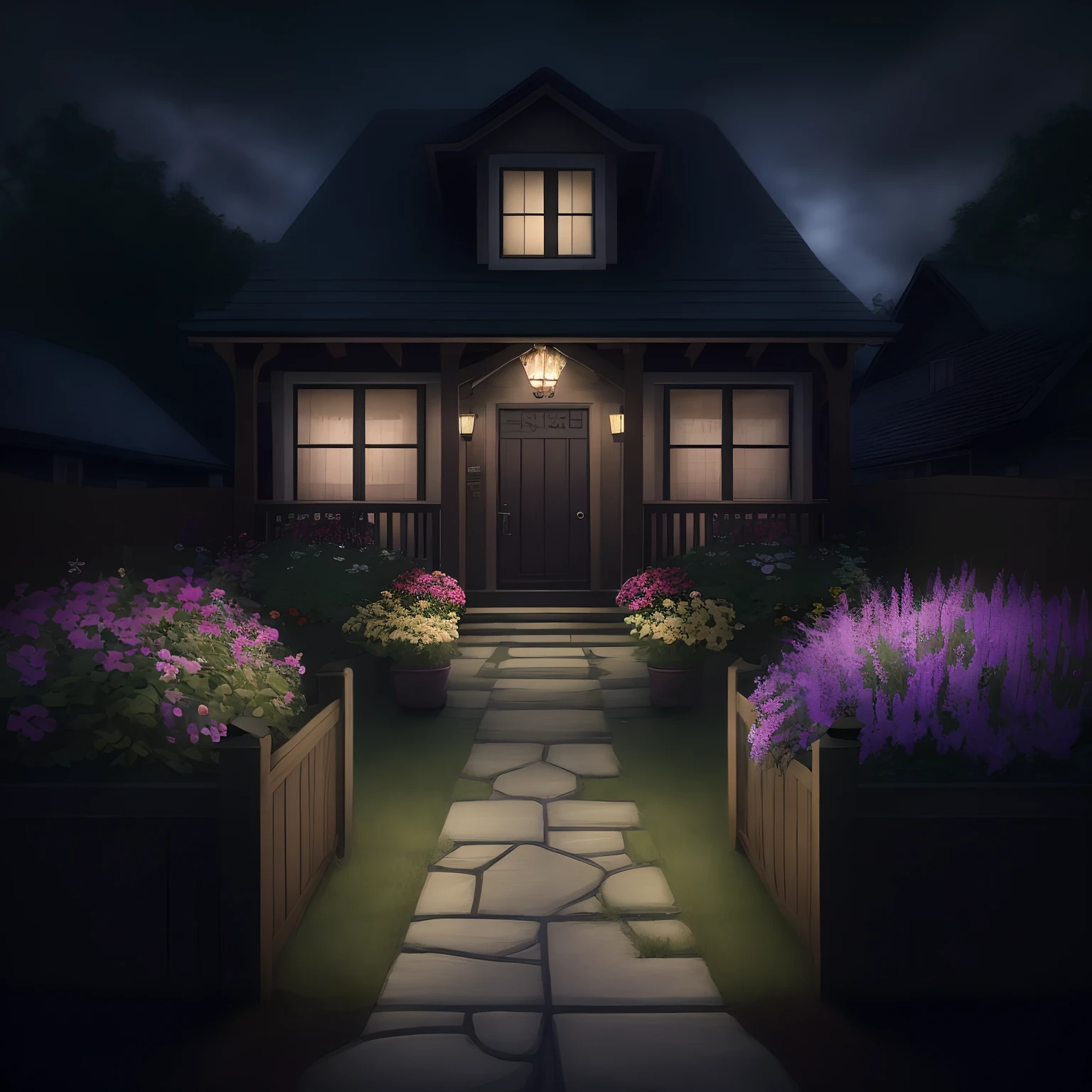 garden, fence, mailbox, letterbox, doorstep, door, front porch, porch, flower pots, pots, planter boxes, entryway, foyer, low stool, stool, garden bench, chair, butterflies, bees, flowers, water feature, wood hot tub, intricate background, stunning background, beautiful background, amazing background, no human, dark sky, dark night, dark theme,