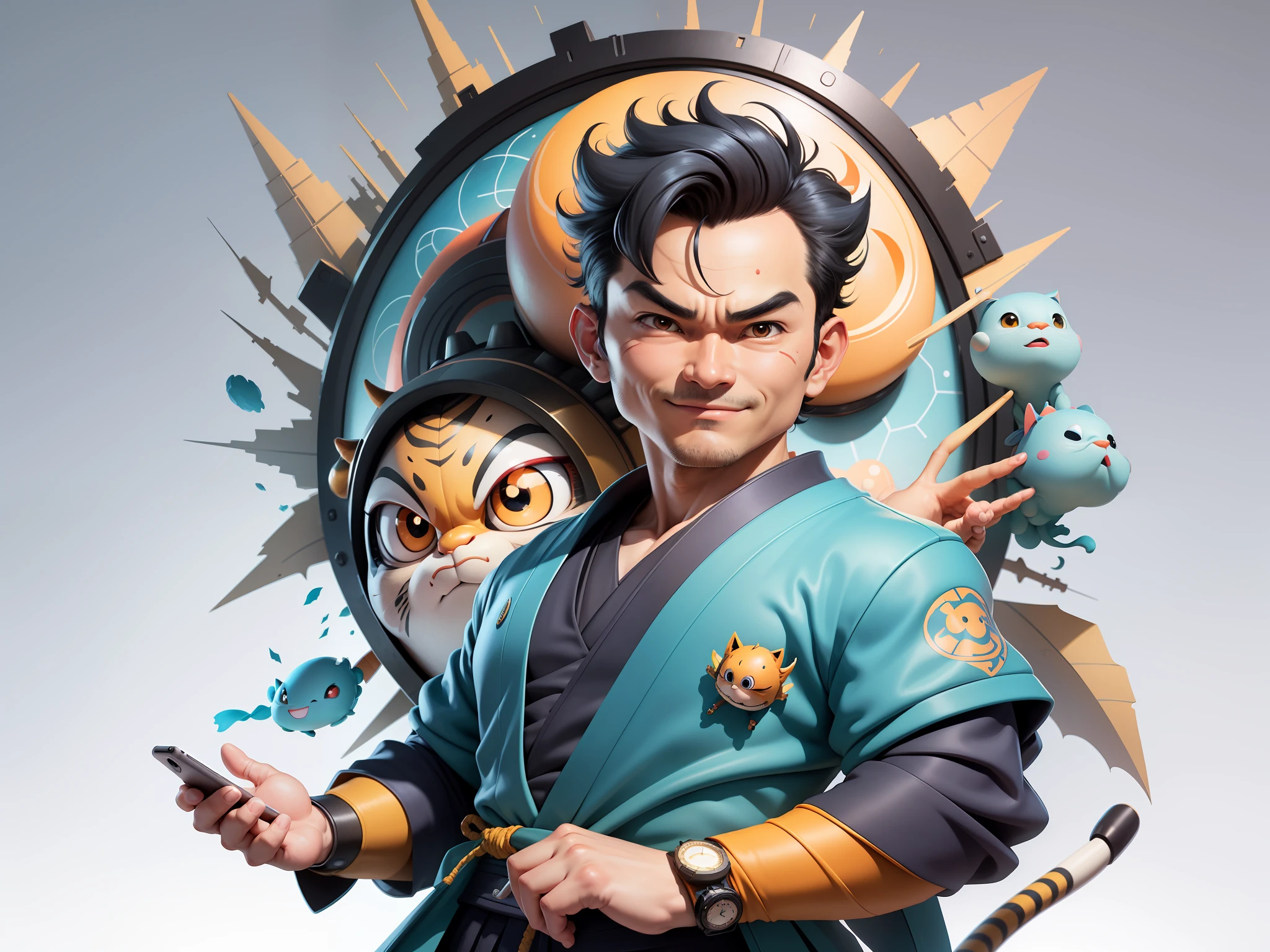 (Masterpiece), (Excellent), (Super Meticulous), (Full Body: 1.2), Super Young Man, Oriental Face, Japanese Kimono, Japanese Wind Thunder God, Dragon, Tiger, TV Anchor, Bust Portrait Illustration, Alone, Black Suit, Blue Tie, Slightly Chubby Face, Very Clean Face, No Beard, Black Super Short Hair, Black Eyes, Confident Smile, 3c Computer Sub-Products, iPad, iPhone, Digital Painting, 3D Character Design by Akira Toriyama and Mark Claireden and Pixar and Hayao Miyazaki, The illustration is a high-definition illustration in 4K resolution with very detailed facial features and cartoon-style visuals.