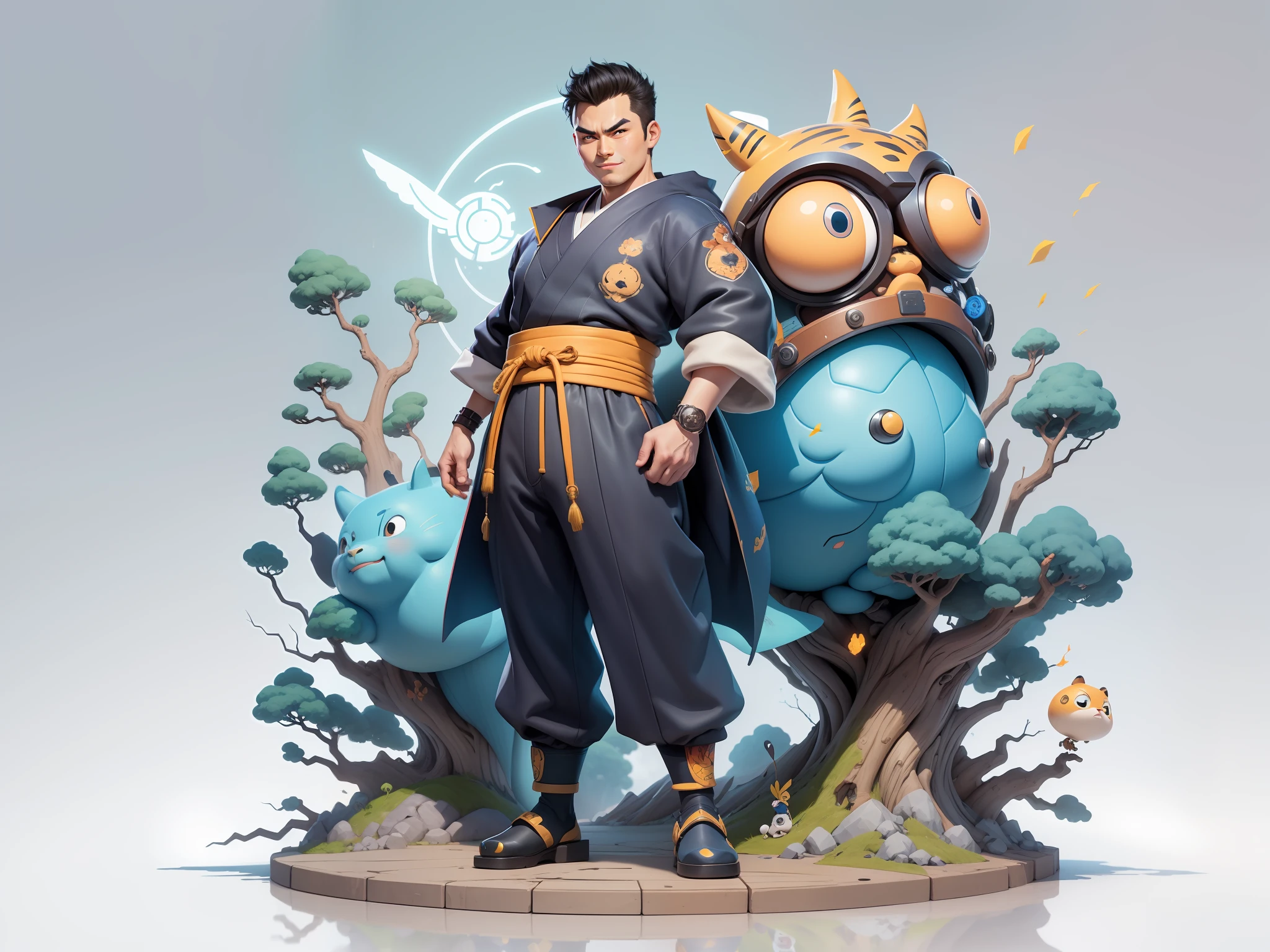 (Masterpiece), (Excellent), (Super Meticulous), (Full Body: 1.2), Super Young Man, Oriental Face, Japanese Kimono, Japanese Wind Thunder God, Dragon, Tiger, TV Anchor, Bust Portrait Illustration, Alone, Black Suit, Blue Tie, Slightly Chubby Face, Very Clean Face, No Beard, Black Super Short Hair, Black Eyes, Confident Smile, 3c Computer Sub-Products, iPad, iPhone, Digital Painting, 3D Character Design by Akira Toriyama and Mark Claireden and Pixar and Hayao Miyazaki, The illustration is a high-definition illustration in 4K resolution with very detailed facial features and cartoon-style visuals.