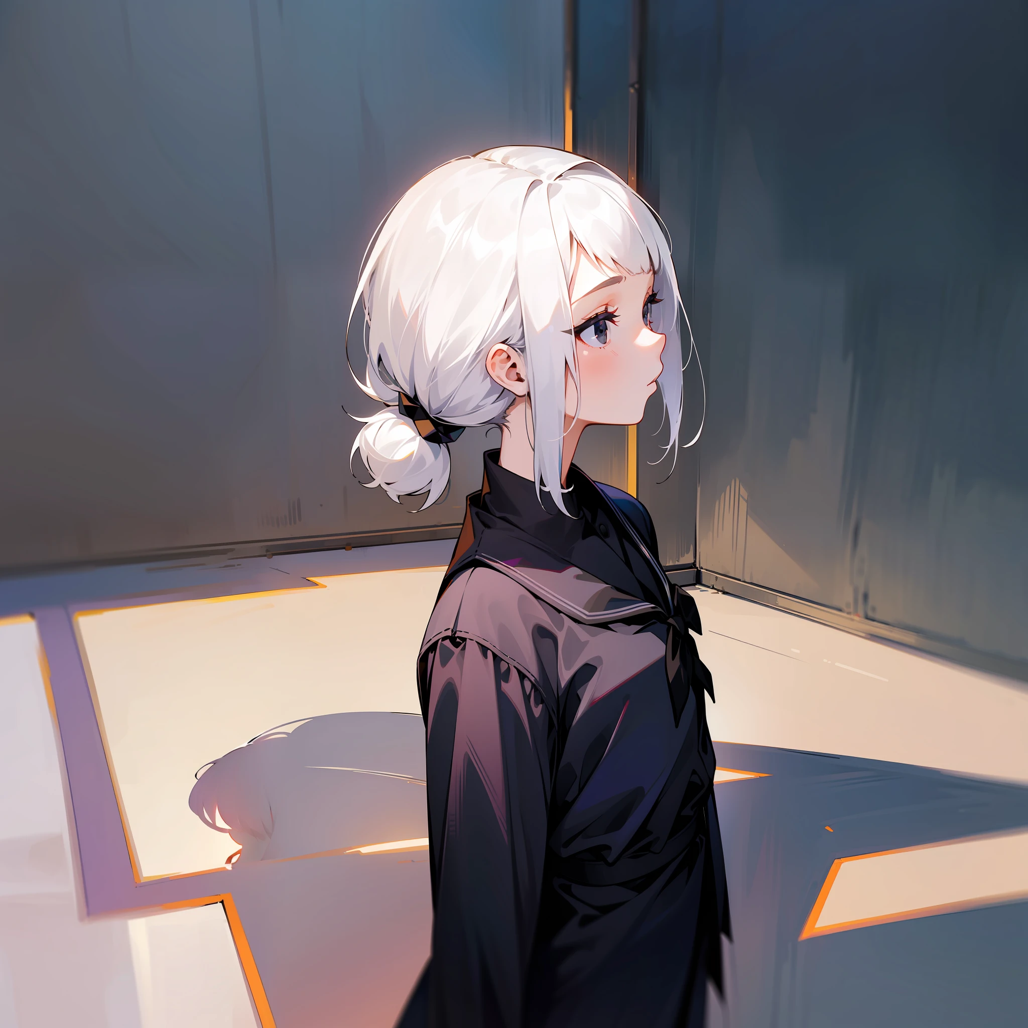 MKSKS style, (Very detailed background:1.0), (highly detailed back ground:1.0), 1girll, full_Body,,frontage,Masterpiece, Best quality, (1girll, Solo, Girl:1.2),,White hair,Best shadow,Upper body,Black eyes,low tied hair,Low ponytail,school uniform