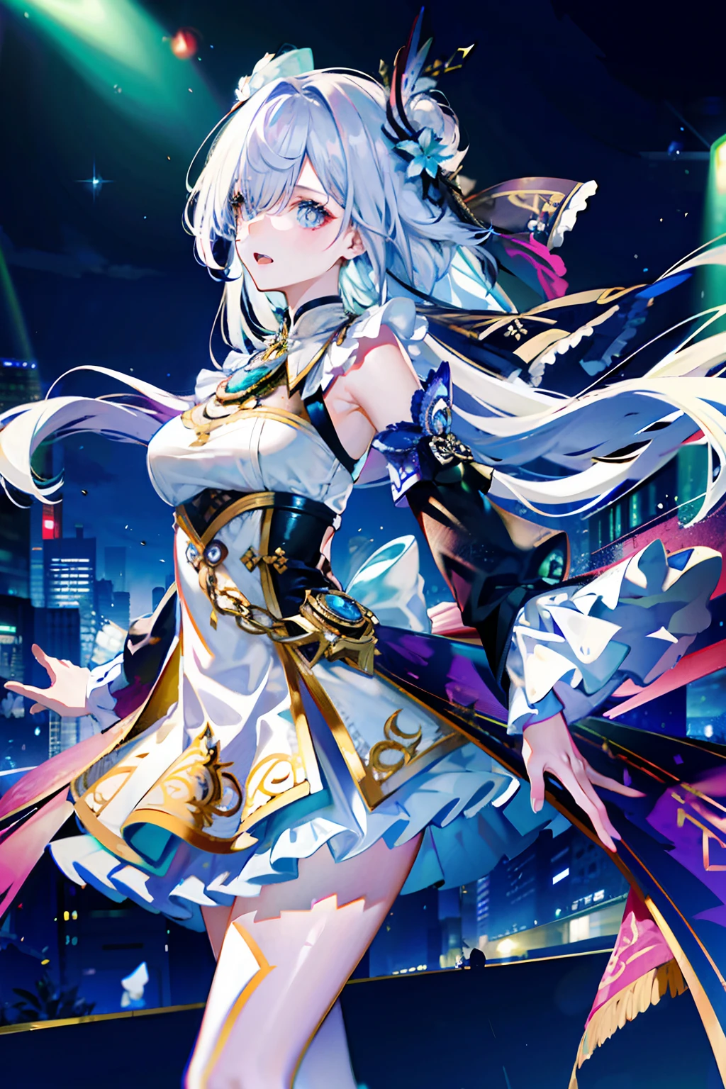 (best quality, detailed background, highres, absurdres, bloom, disheveled hair, shiny hair, exposed in lighting, bright pupils),
1girl, focus on leg, earpiece, long hair, silver hair, large_breasts, action_pose, standing,  arms behind back, stage, spotlight, glass ceiling, 
shenhe \(genshin impact\), hair_ornament, hair over one eye,  designer dress,  dutch_angle,