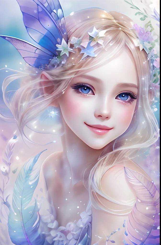 Beautiful fairy with a sense of transparency､Beautiful sparkling ocean、Transparent feathers､kindly smile､Summer background､Gentle and transparent fairy､Watercolor Paint