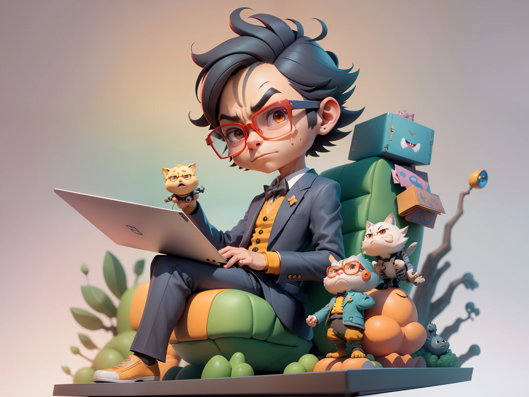 A young man in a suit, Short hair and glasses sat at his desk,holding laptop,digitial painting,tigre,3D character design by Mark Clairen and Pixar and Hayao Miyazaki and Akira Toriyama,4K HD illustration,Very detailed facial features and cartoon-style visuals。