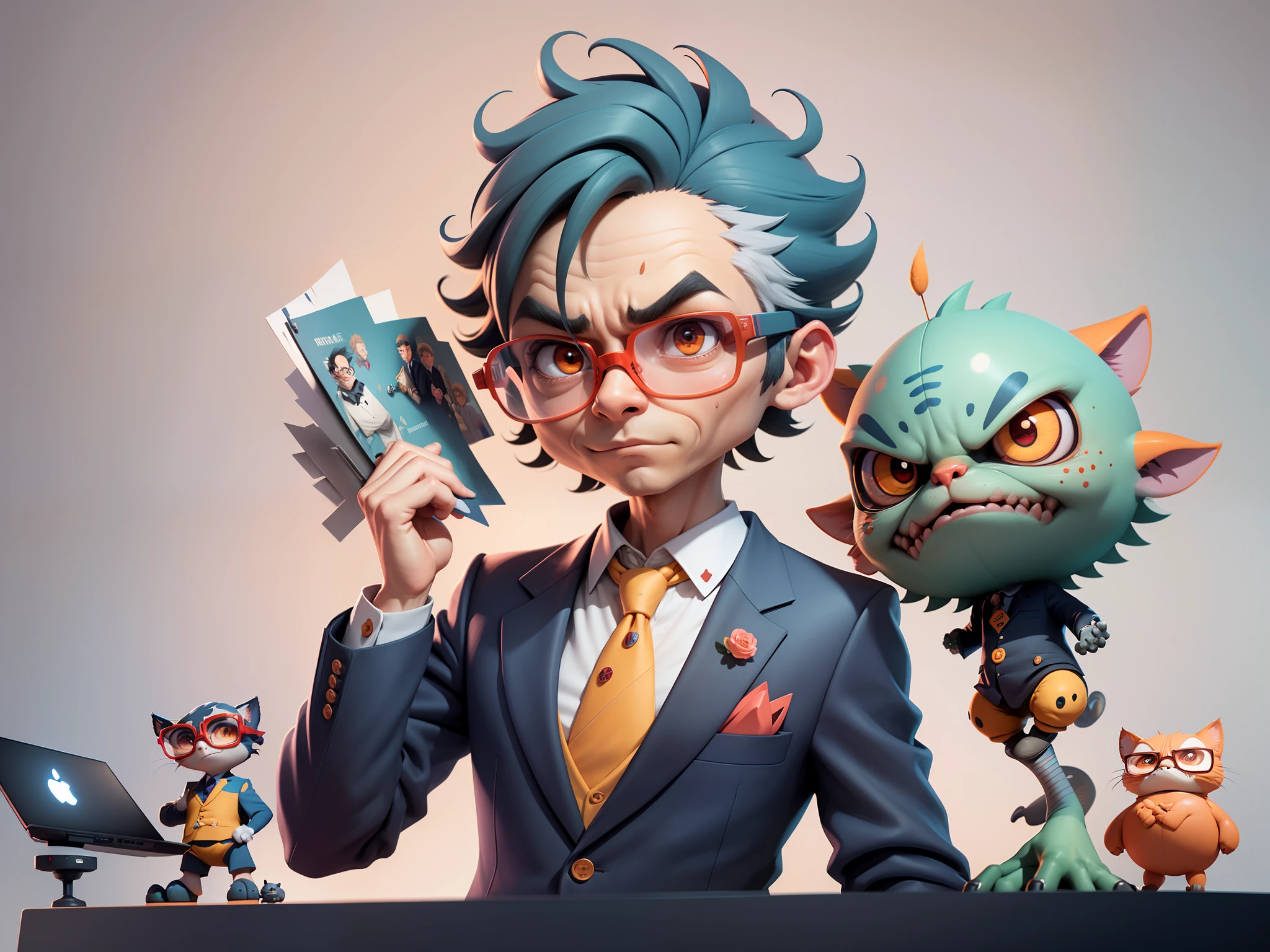 A young man in a suit, Short hair and glasses sat at his desk,holding laptop,digitial painting,tigre,3D character design by Mark Clairen and Pixar and Hayao Miyazaki and Akira Toriyama,4K HD illustration,Very detailed facial features and cartoon-style visuals。