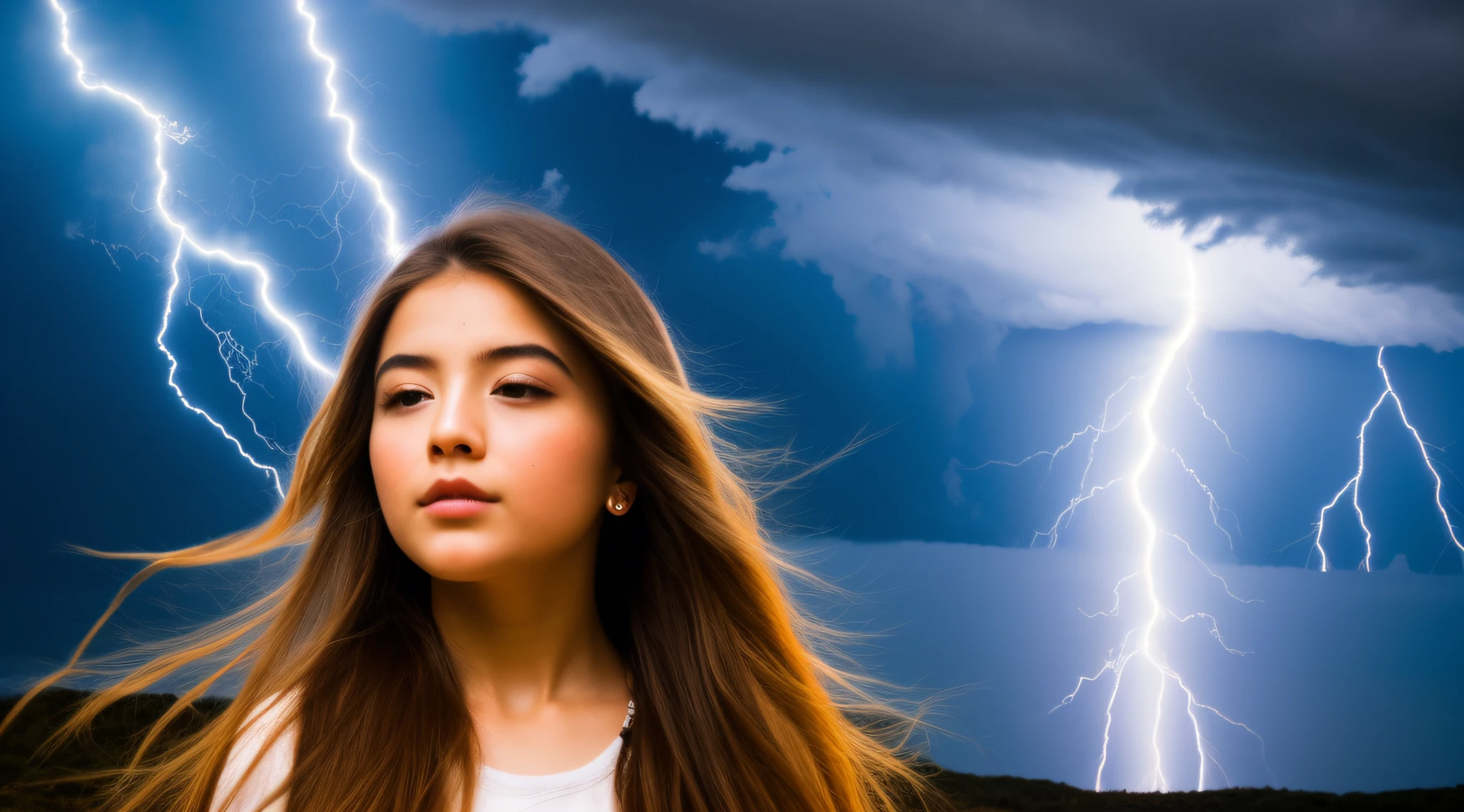 A closeup of a young blonde child with long hair holding a lightning bolt, splashes of lightning behind her, goddess of lightning, lightning fantasy magic, little girl with magical powers, she is attracting lightnings, japanese lightning goddess, maya ali as a lightning mage, efeitos de raios, amazing lightning art, magic and lightning, Explosive lightning spell, eletrizante, epic magical effects