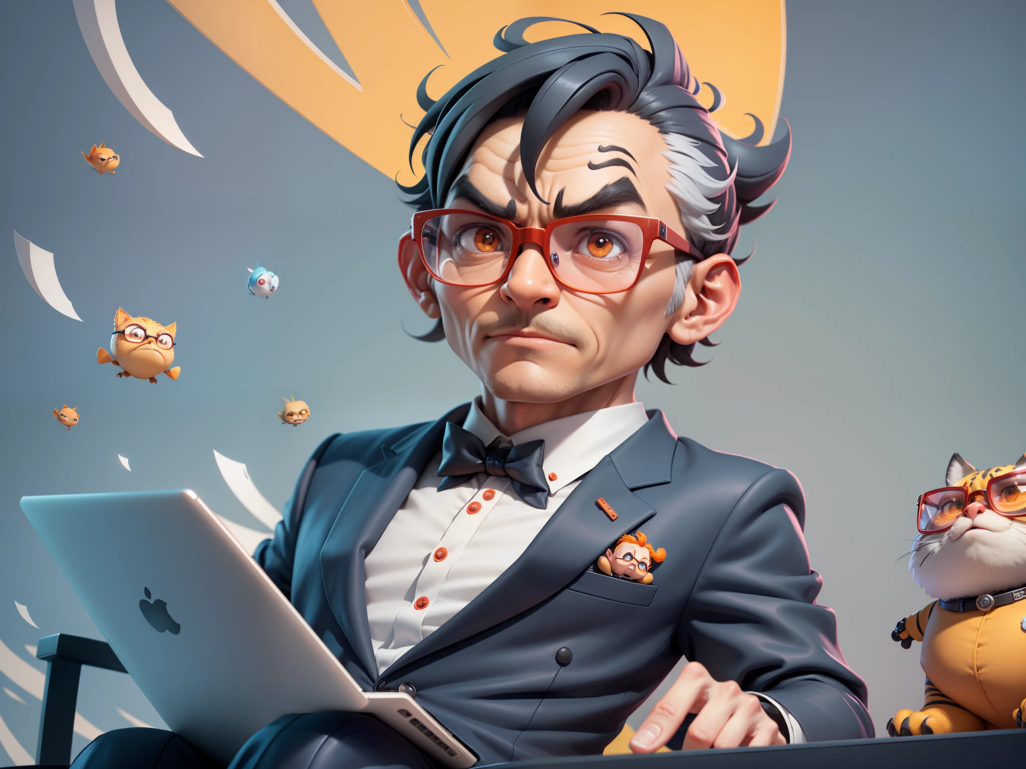 A young man in a suit, Short hair and glasses sat at his desk,holding laptop,digitial painting,tigre,3D character design by Mark Clairen and Pixar and Hayao Miyazaki and Akira Toriyama,4K HD illustration,Very detailed facial features and cartoon-style visuals。