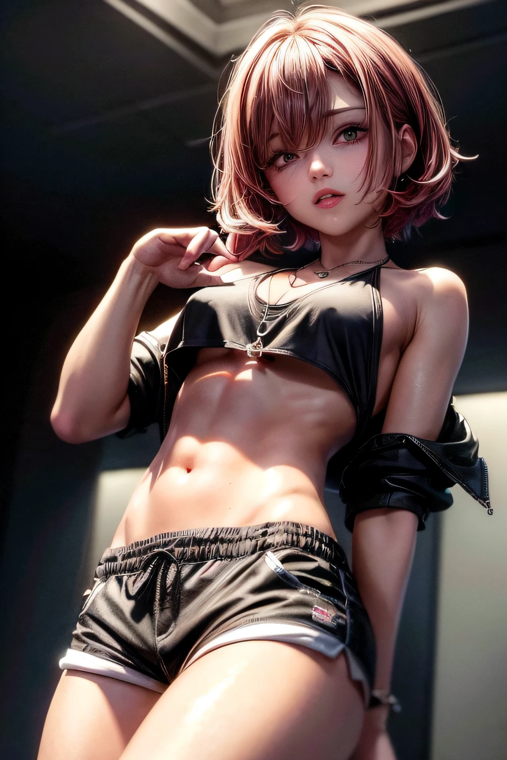 ((big chest, tomboyish, small head)), (cut abdomen: 1.1), (perfect body: 1.1), (short wavy hair: 1.2), ((red hair)), necklace, chain ornament, full body, workout , ((sweat)), femboy, futa ((shorts)), (extremely detailed 8k CG wallpaper), (extremely delicate and beautiful), (masterpiece), (best quality: 1.0), (ultra high resolution : 1.0), beautiful lighting, perfect lighting, realistic shadows, [high resolution], detailed skin, ((skin texture)), super detailed (((colorful)))