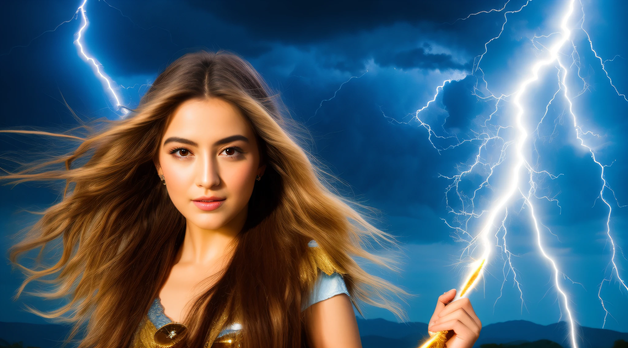 A closeup of a young blonde child with long hair holding a lightning bolt, splashes of lightning behind her, goddess of lightning, lightning fantasy magic, with magical powers, she is attracting lightnings, japanese lightning goddess, maya ali as a lightning mage, efeitos de raios, amazing lightning art, magic and lightning, Explosive lightning spell, eletrizante, epic magical effects