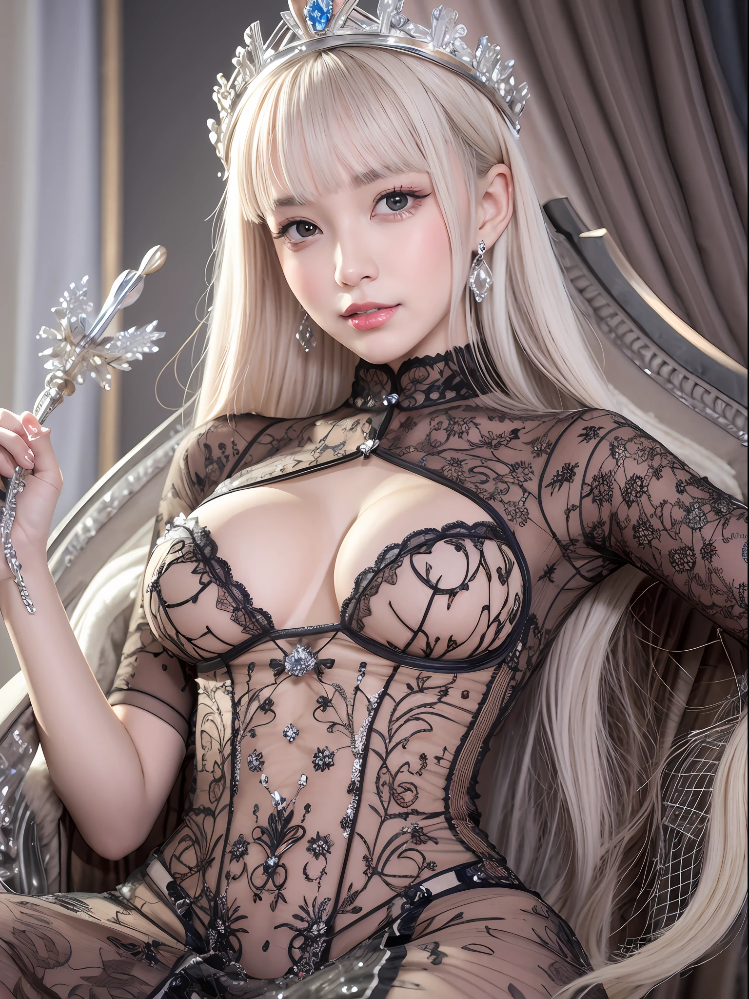 (best quality:1.0), (ultra highres:1.0), (detailed beautiful girl:1.4), beautiful royal princess, platinum blonde hair, finely detailed ryal dress, ribbon, (intricate scepter:1.2), (detailed mant), detailed beautiful white shiny skin, looking at viewer, front view, (ulzzang-6500-v1.1:0.2), detailed gems, (intricate throne:1.2) , (half body),large breast,spread legs,light_smile,tears,