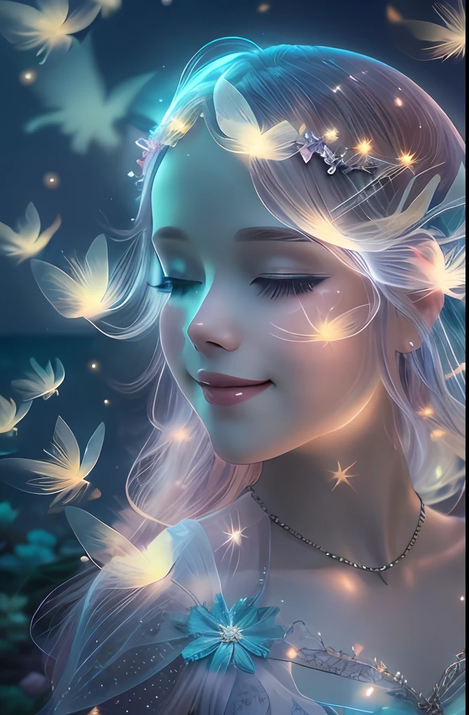 Beautiful fairy with a sense of transparency､Beautiful sparkling ocean、Transparent feathers､kindly smile､Summer background､Gentle and transparent fairy､evening glow