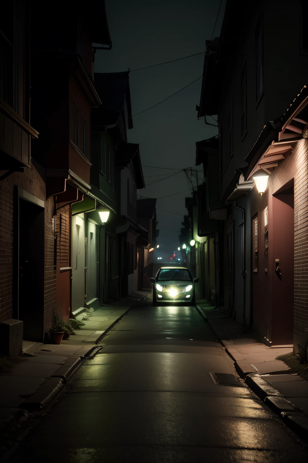 a spooky art of scary mid night view where a car in the small street with on lights