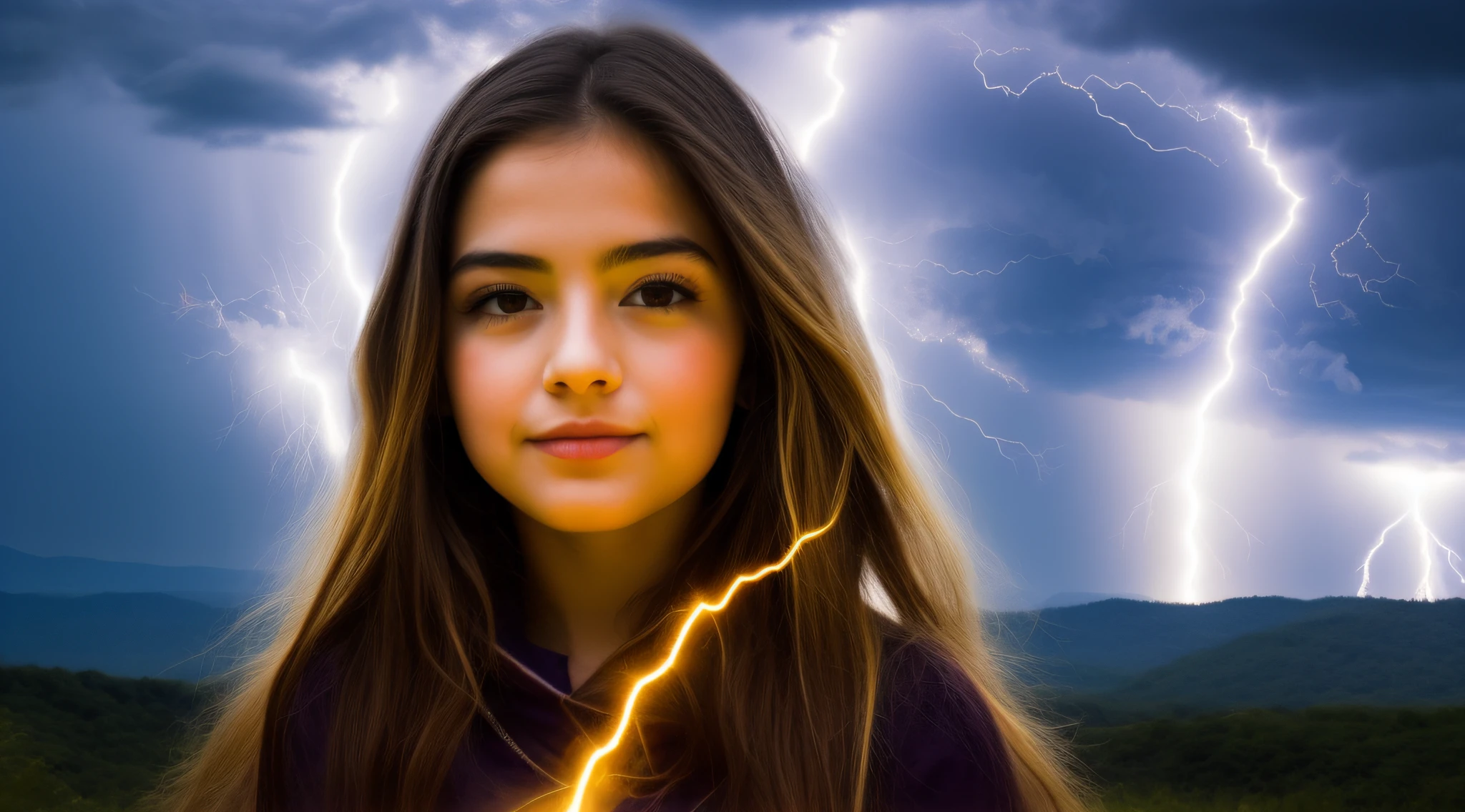 A closeup of a child with a hair style with a lightning bolt sticking out of it, cinematic lightning and colors, cabelos eletrificados, electric hair, cinematic colorful lightning, colorful magical effects, The Electric Boy, lightning fantasy magic, electric color, amazing lighting effect, efeitos de raios, aura de eletricidade, fiber optic hair, photo manipulation, eletrizante, little girl with magical powers