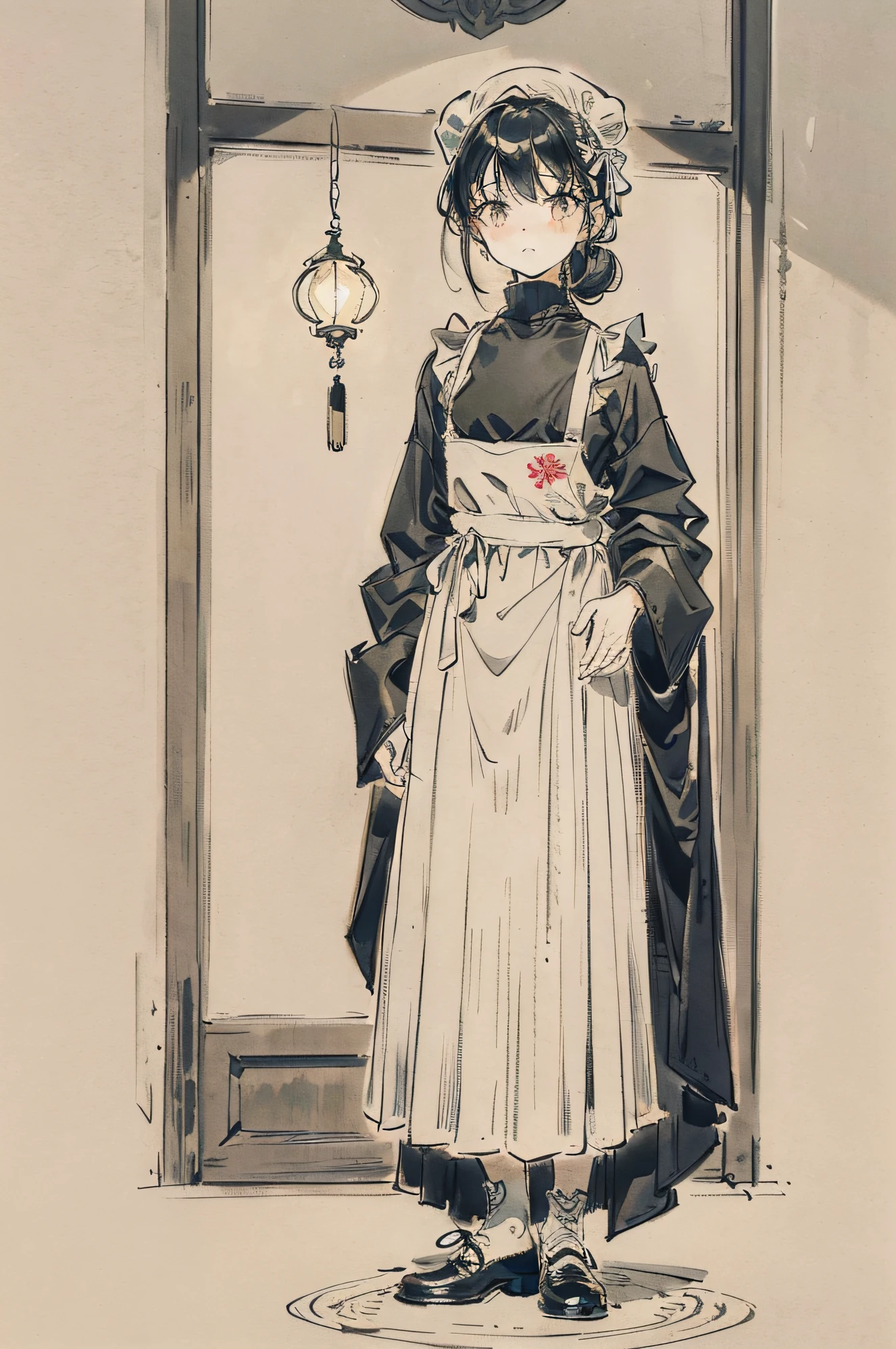(A 14-year-old girl)+(Old turtleneck shirt+Light gray color+Pleats)+(Dark gray dress+Simple style+No flashy decorations)+(aprons+greys/Light+lacing/Embroidery)+(leather shoes+Plain style+black in color)+(hair-bun+White bandana to tie hair),Whole body diagram,standing on your feet